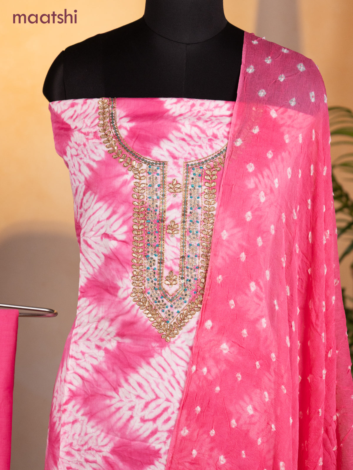Bandhani dress materials light pink with bandhani prints & zardosi work neck pattern and bottom & chiffon dupatta