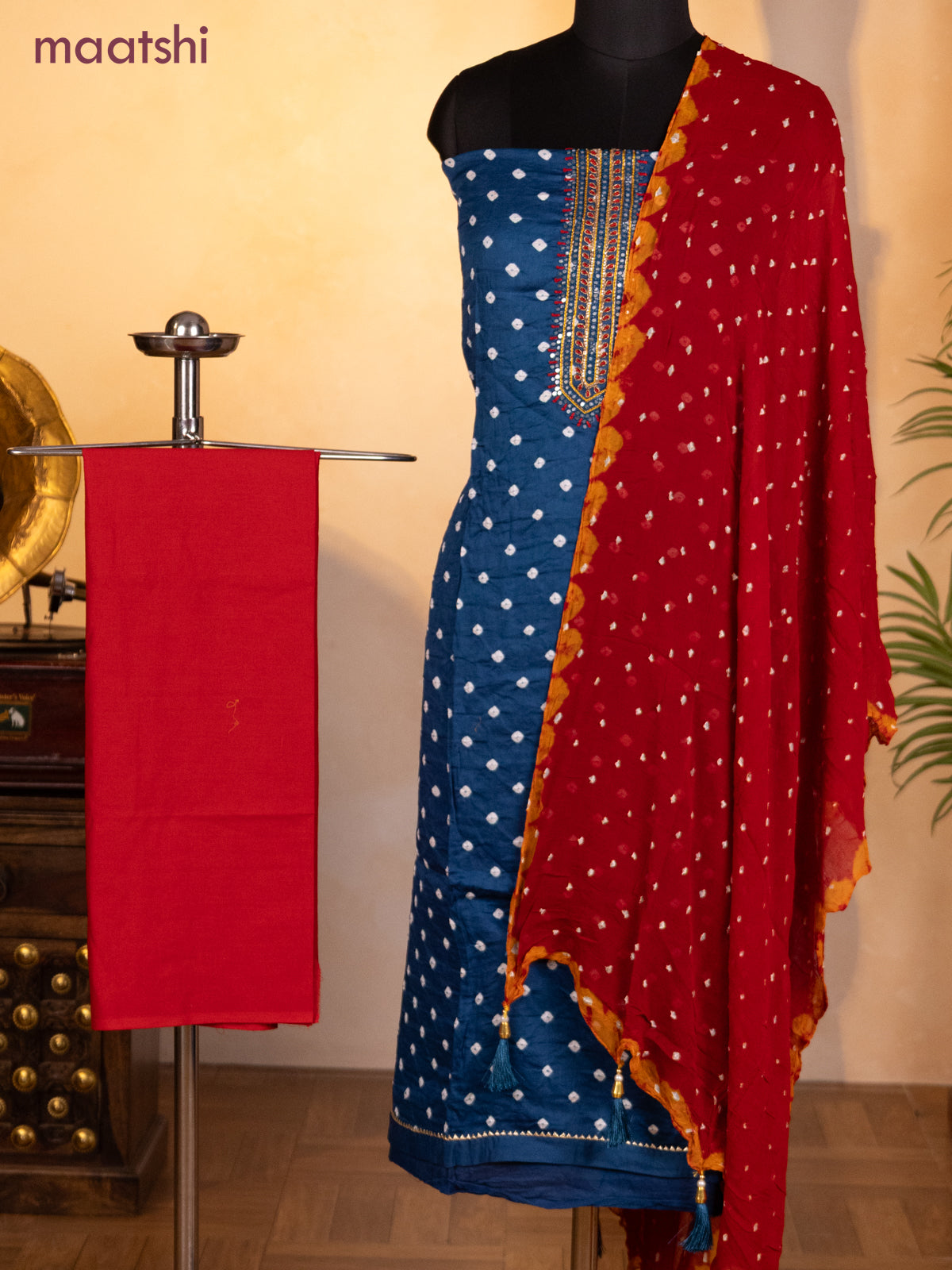 Bandhani dress materials peacock blue and red with bandhani prints & zardosi mirror work neck pattern and bottom & chiffon dupatta