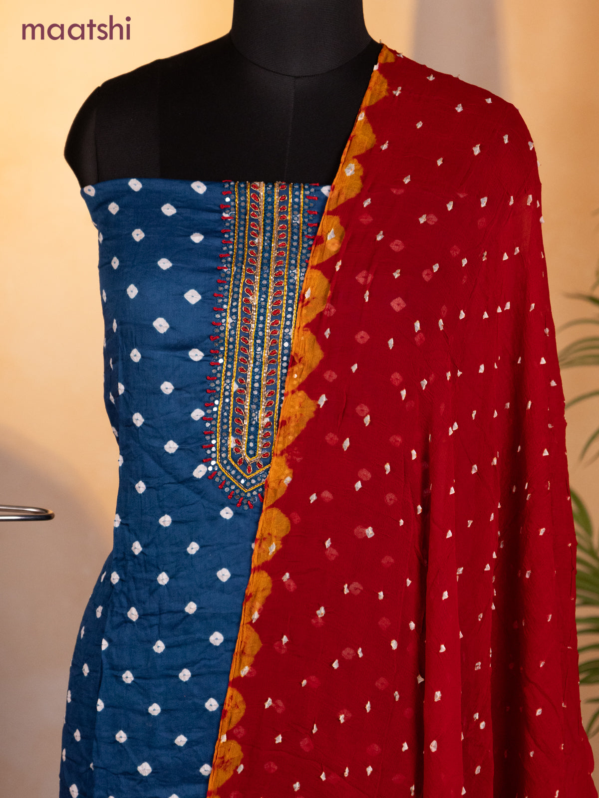 Bandhani dress materials peacock blue and red with bandhani prints & zardosi mirror work neck pattern and bottom & chiffon dupatta