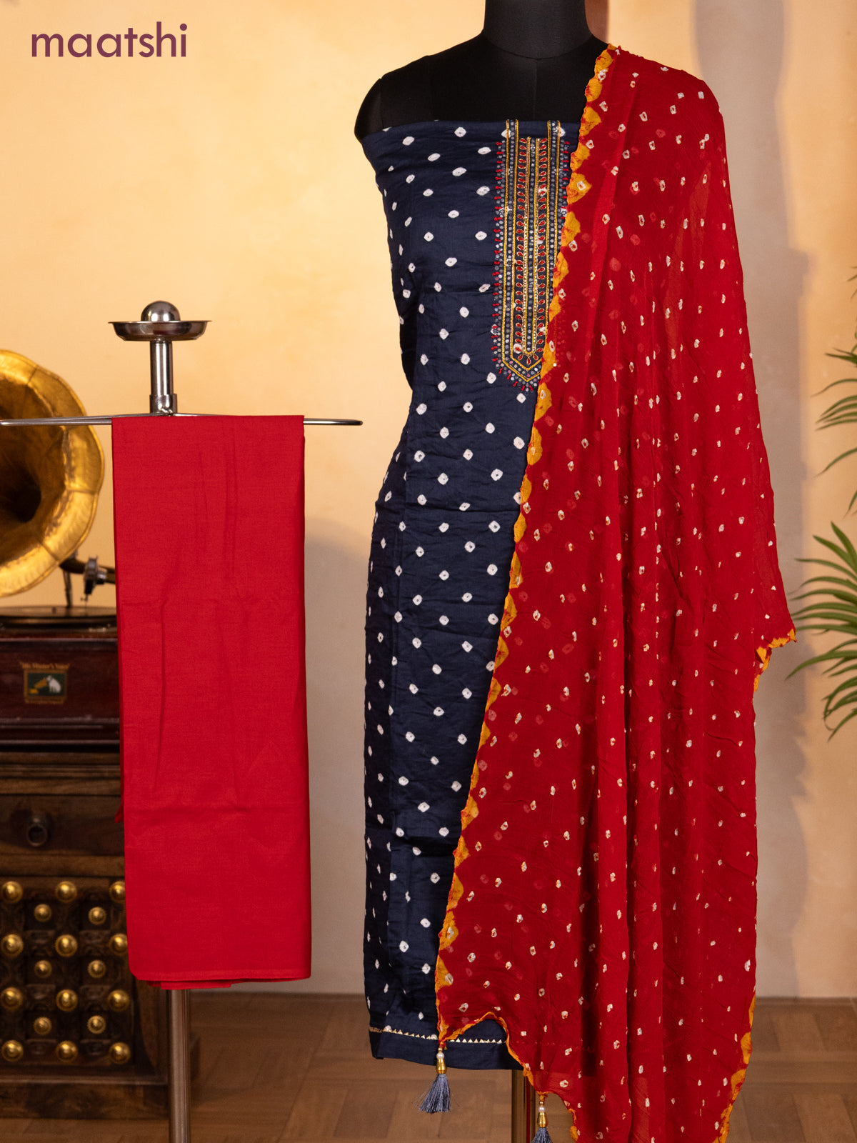Bandhani dress materials deep navy blue and red with bandhani prints & zardosi mirror work neck pattern and bottom & chiffon dupatta