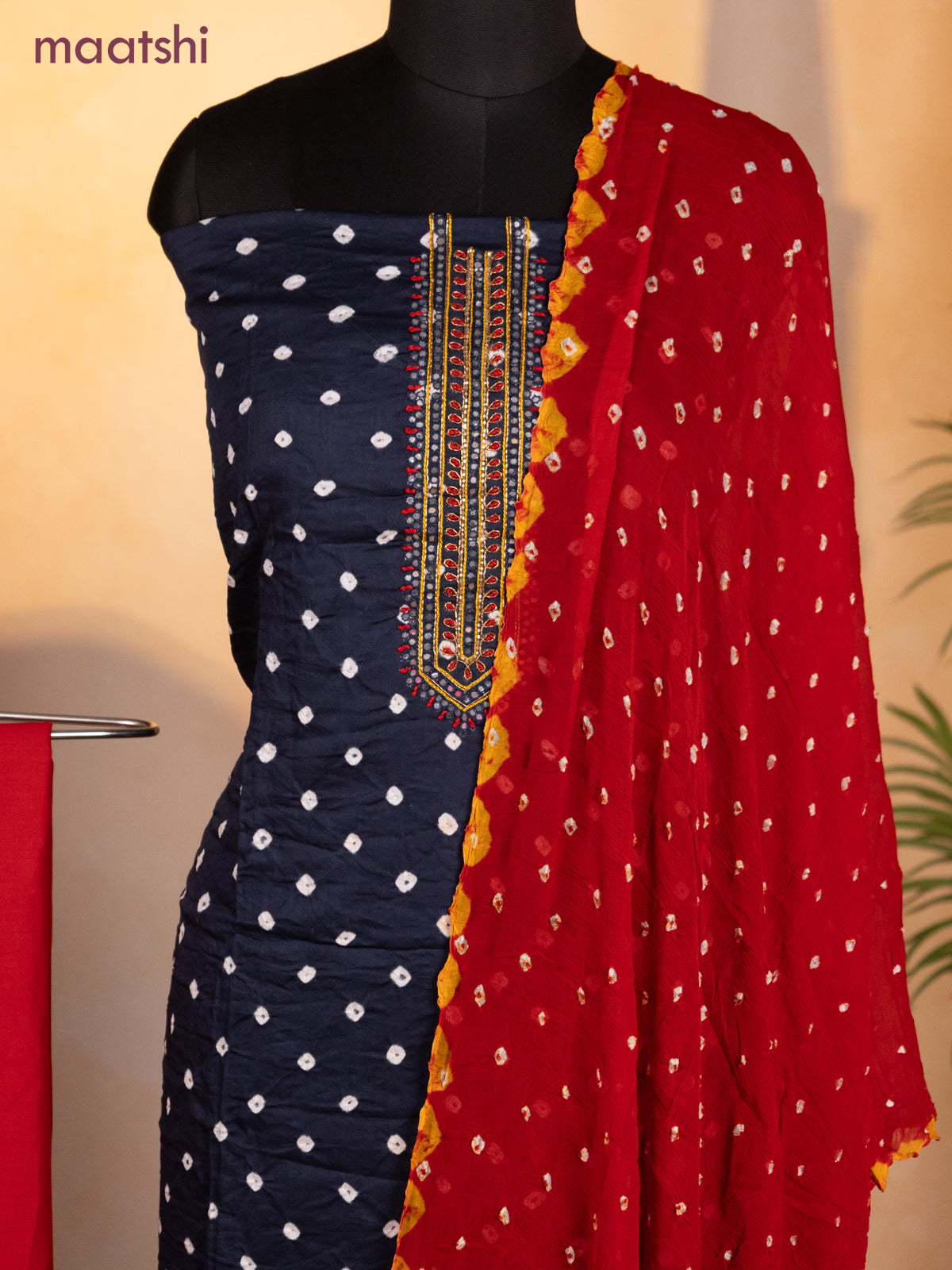 Bandhani dress materials deep navy blue and red with bandhani prints & zardosi mirror work neck pattern and bottom & chiffon dupatta