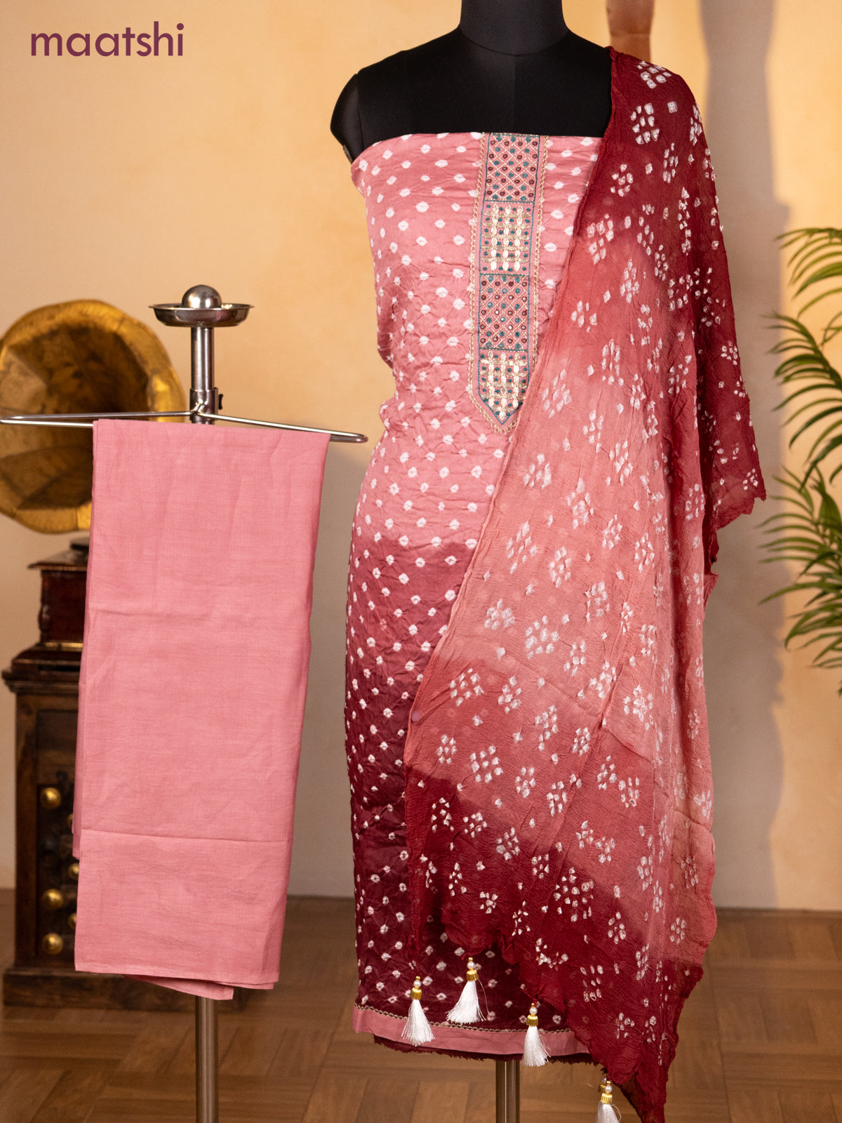 Bandhani dress materials peach pink and maroon with bandhani prints & zardosi mirror work neck pattern and bottom & chiffon dupatta
