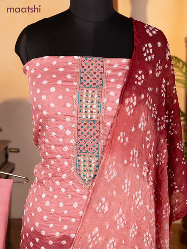 Bandhani dress materials peach pink and maroon with bandhani prints & zardosi mirror work neck pattern and bottom & chiffon dupatta