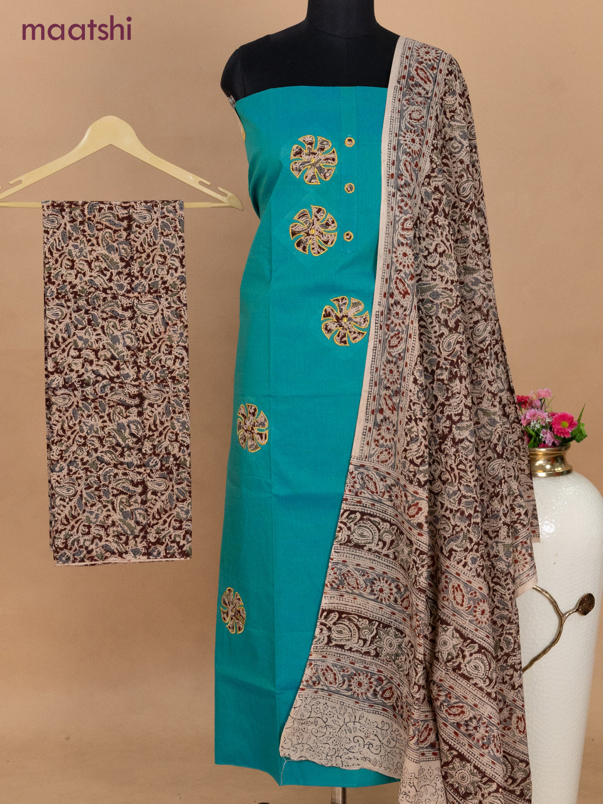 Cotton applique work dress materials teal bluish green and deep maroon with kalamkari patch work and kalamkari bottom & dupatta