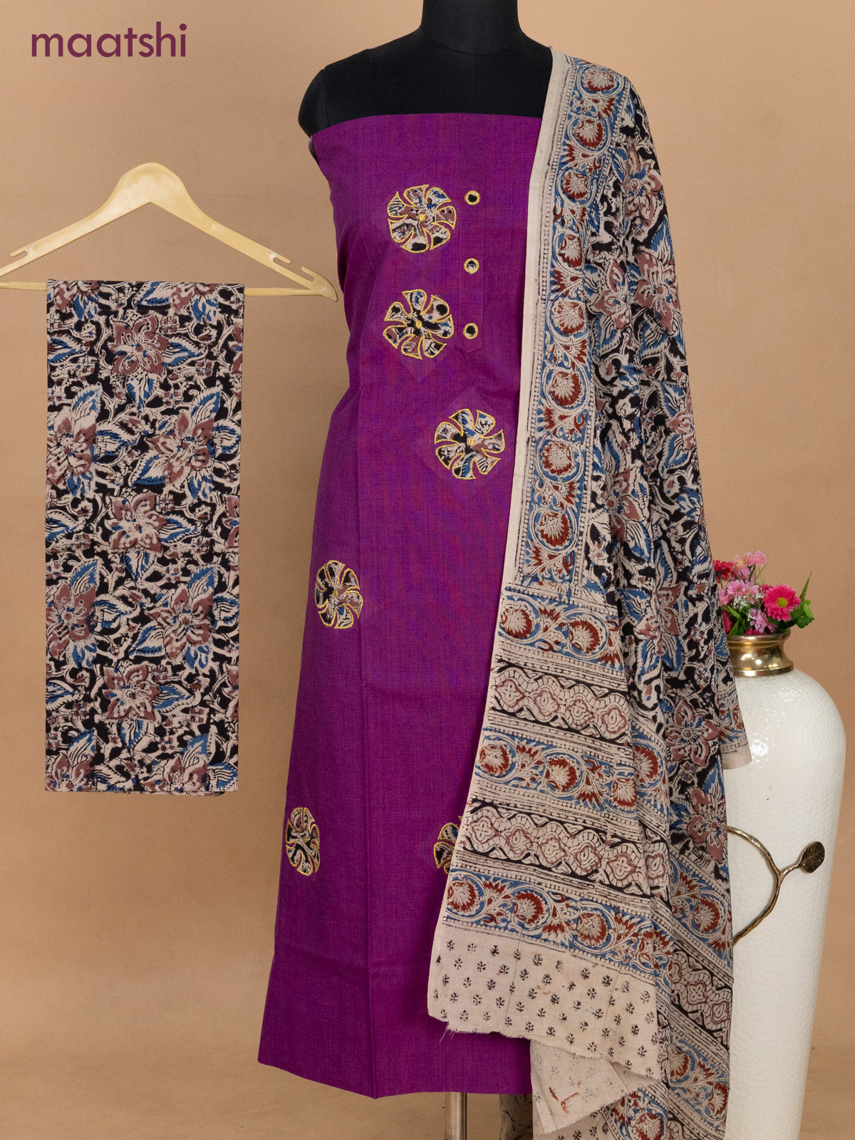 Cotton applique work dress materials purple and black beige with kalamkari patch work and kalamkari bottom & dupatta