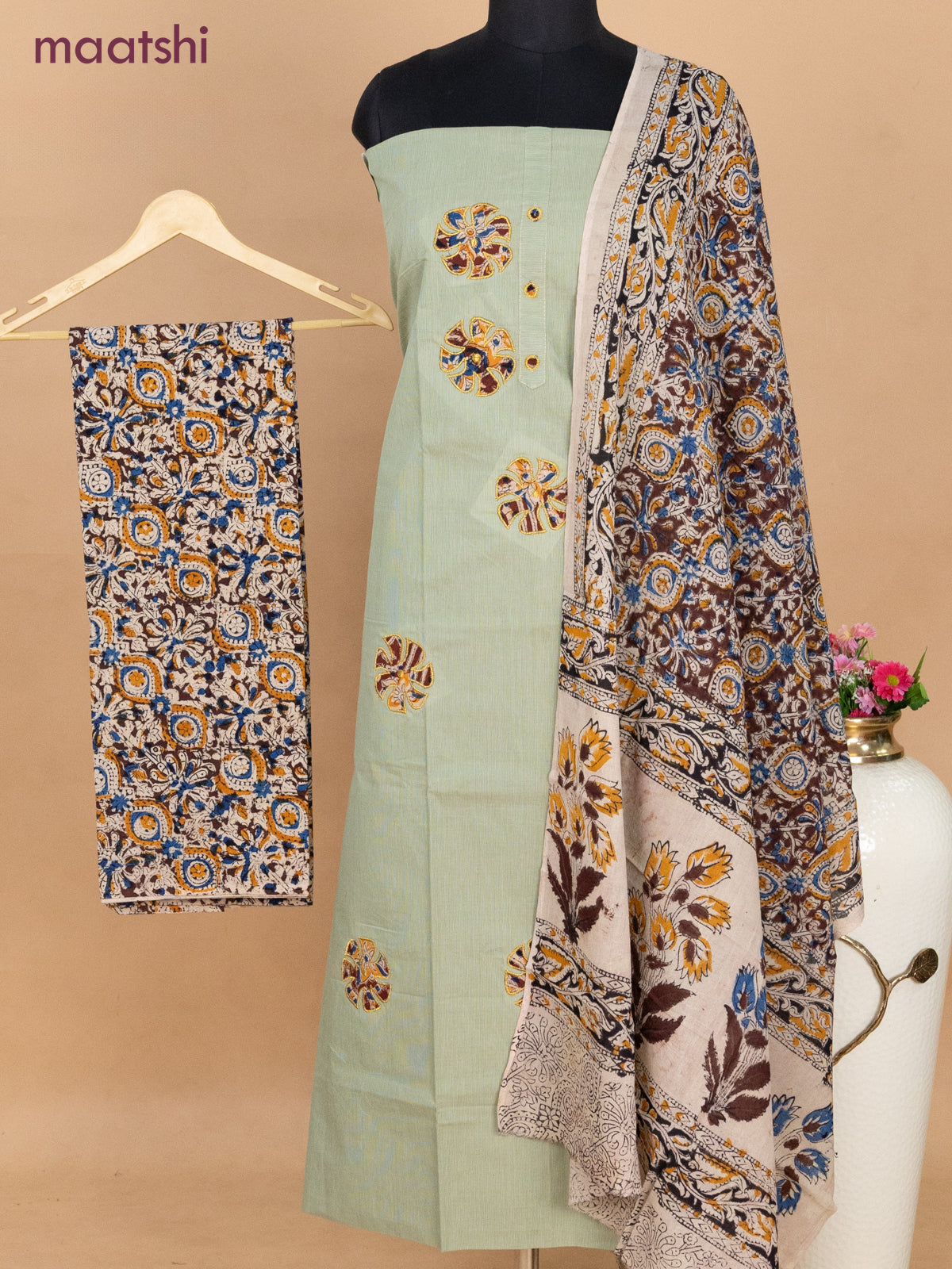 Cotton applique work dress materials pastel green and deep maroon beige with kalamkari patch work and kalamkari bottom & dupatta