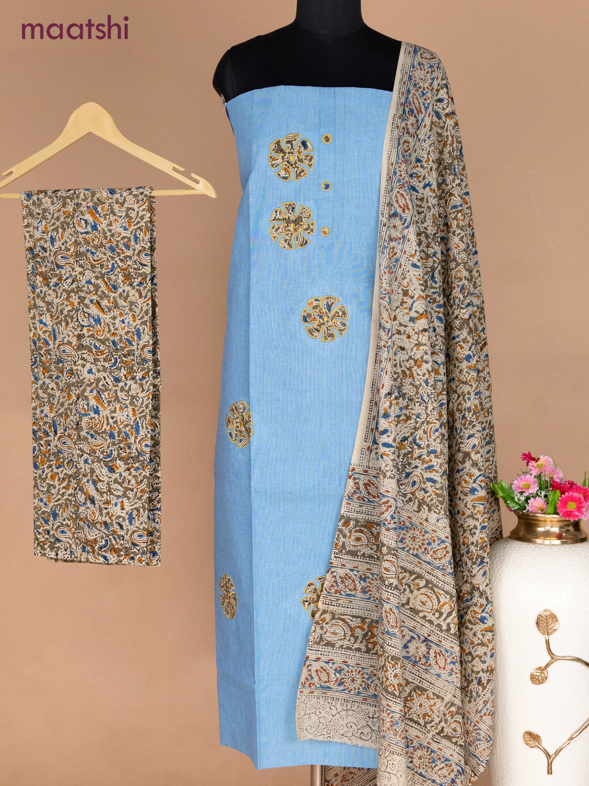 Cotton applique work dress materials pastel blue and mehendi green with kalamkari patch work and kalamkari bottom & dupatta