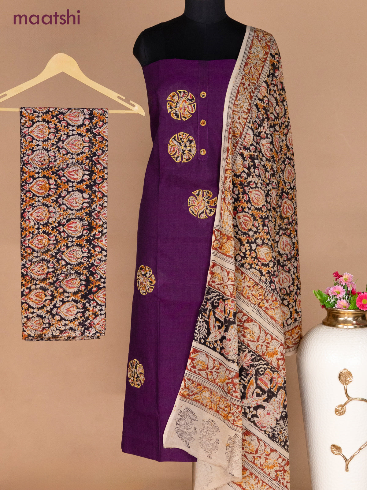Cotton applique work dress materials violet and black with kalamkari patch work and kalamkari bottom & dupatta