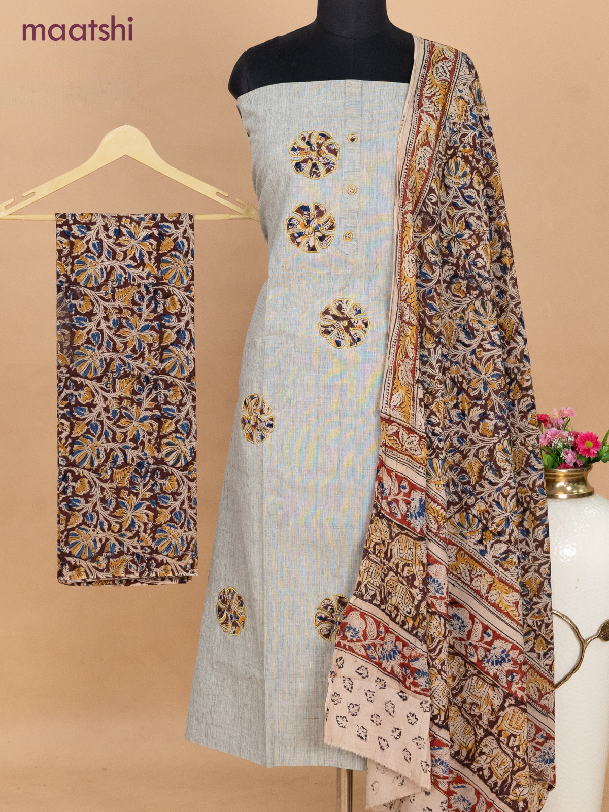 Cotton applique work dress materials grey and deep brown with kalamkari patch work and kalamkari bottom & dupatta