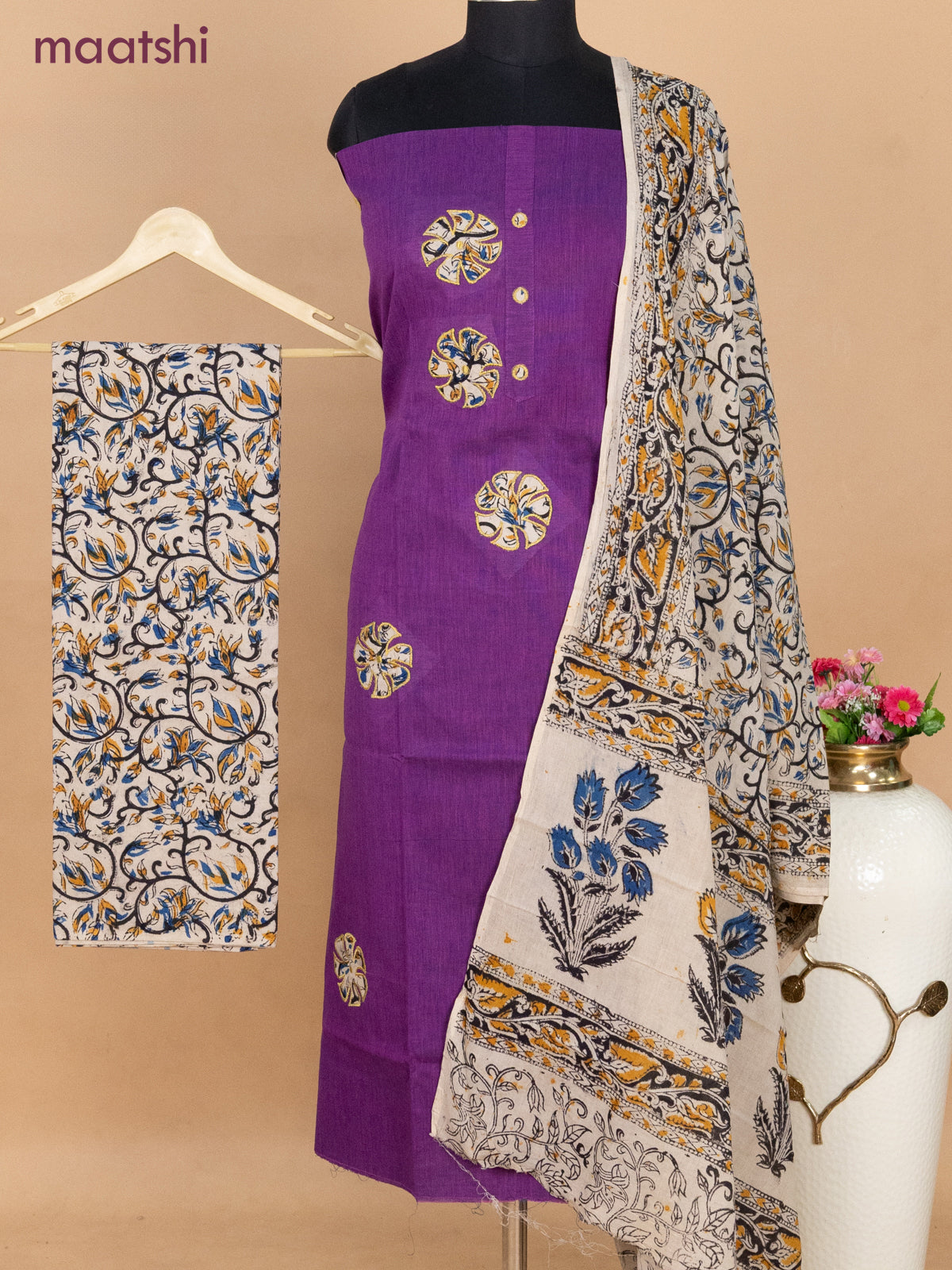 Cotton applique work dress materials purple and beige with kalamkari patch work and kalamkari bottom & dupatta