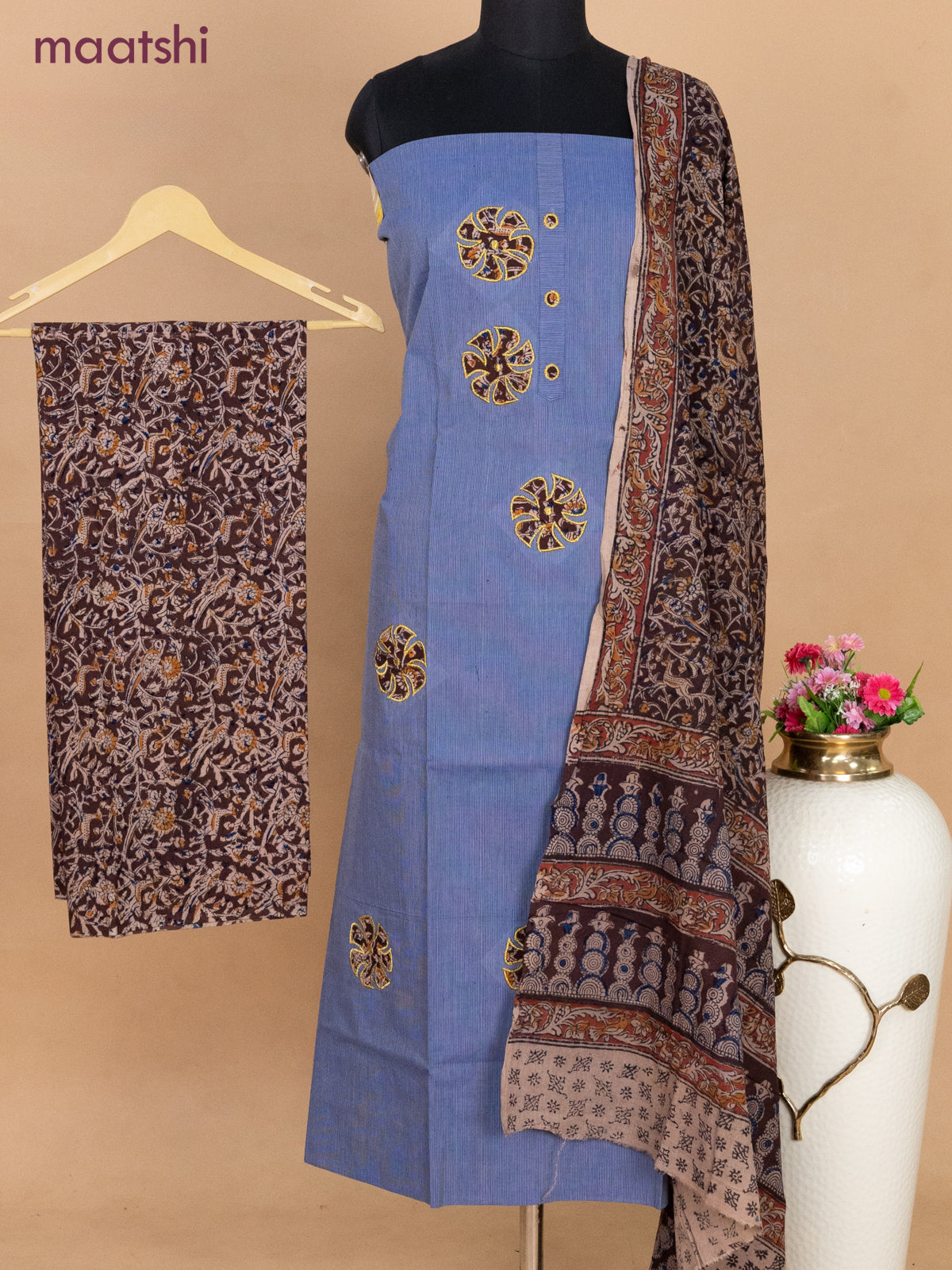 Cotton applique work dress materials blue shade and deep brown with kalamkari patch work and kalamkari bottom & dupatta