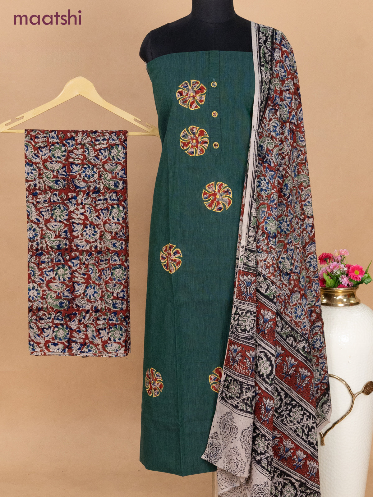 Cotton applique work dress materials dark green and maroon with kalamkari patch work and kalamkari bottom & dupatta