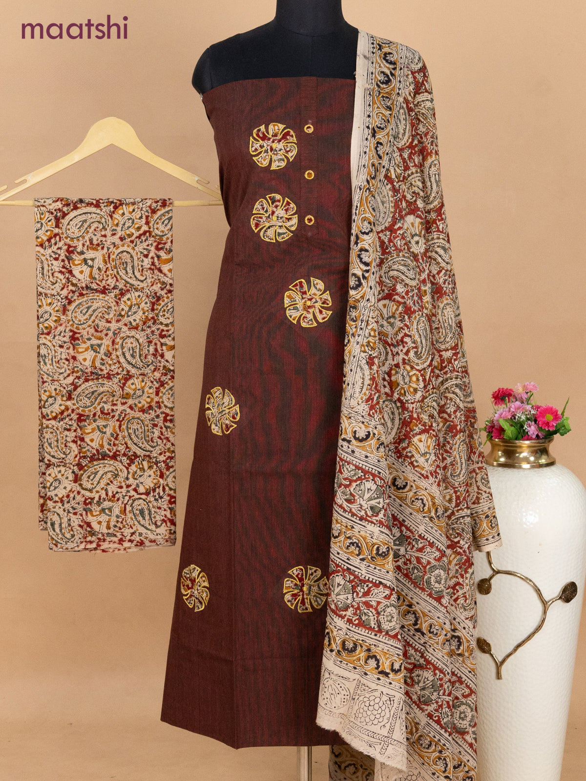 Cotton applique work dress materials coffee brown and beige maroon with kalamkari patch work and kalamkari bottom & dupatta