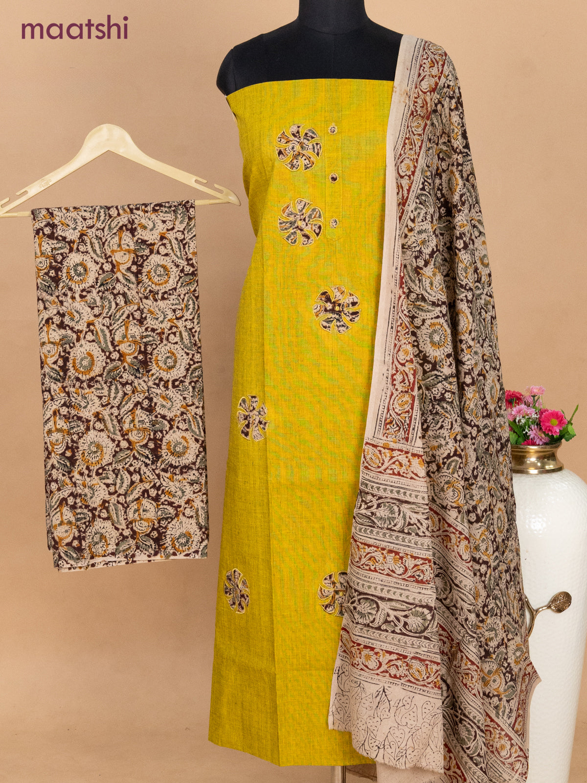 Cotton applique work dress materials mustard yellow and beige deep maroon with kalamkari patch work and kalamkari bottom & dupatta