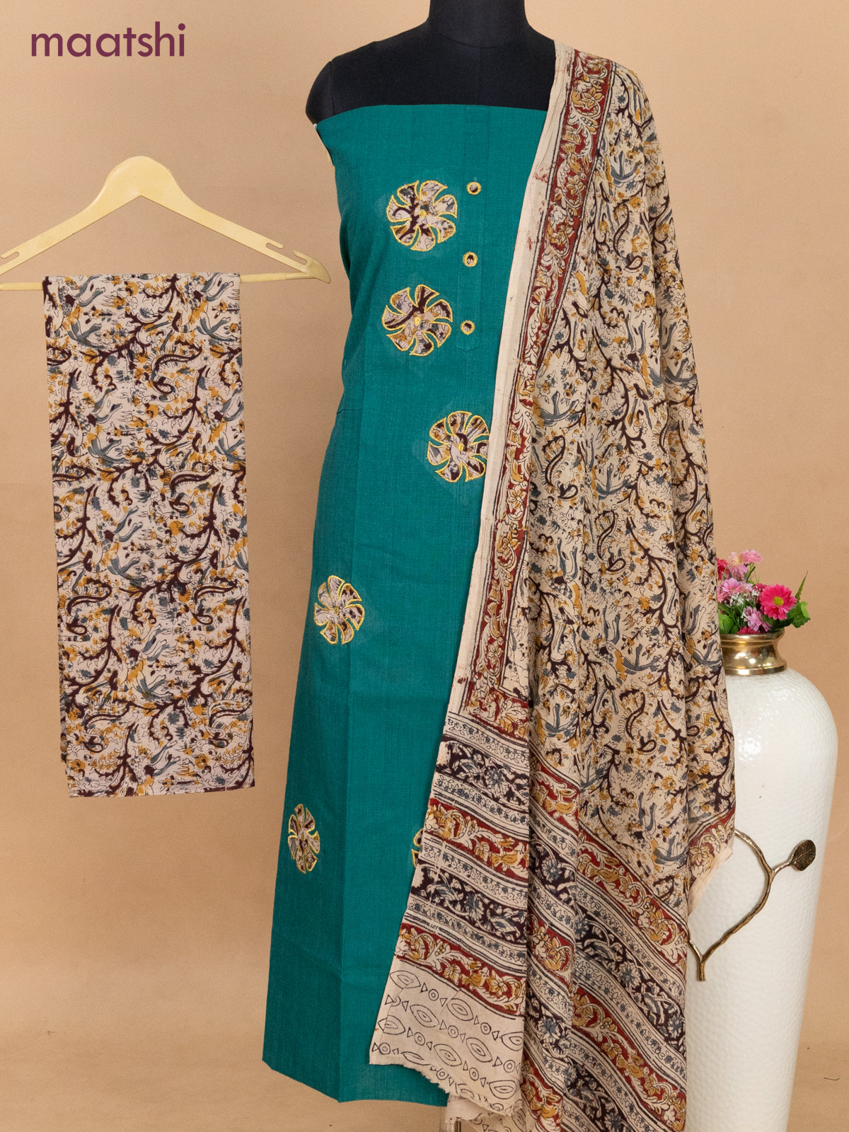Cotton applique work dress materials green shade and beige with kalamkari patch work and kalamkari bottom & dupatta
