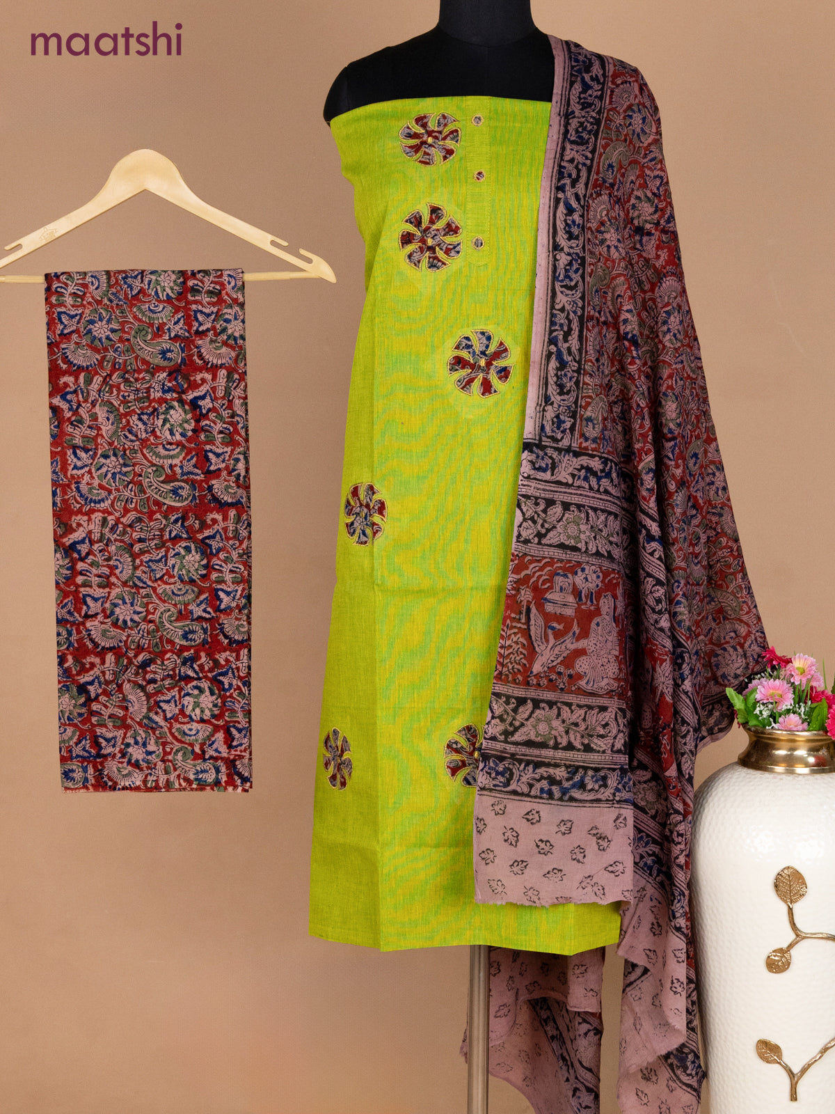 Cotton applique work dress materials light green and maroon with kalamkari patch work and kalamkari bottom & dupatta