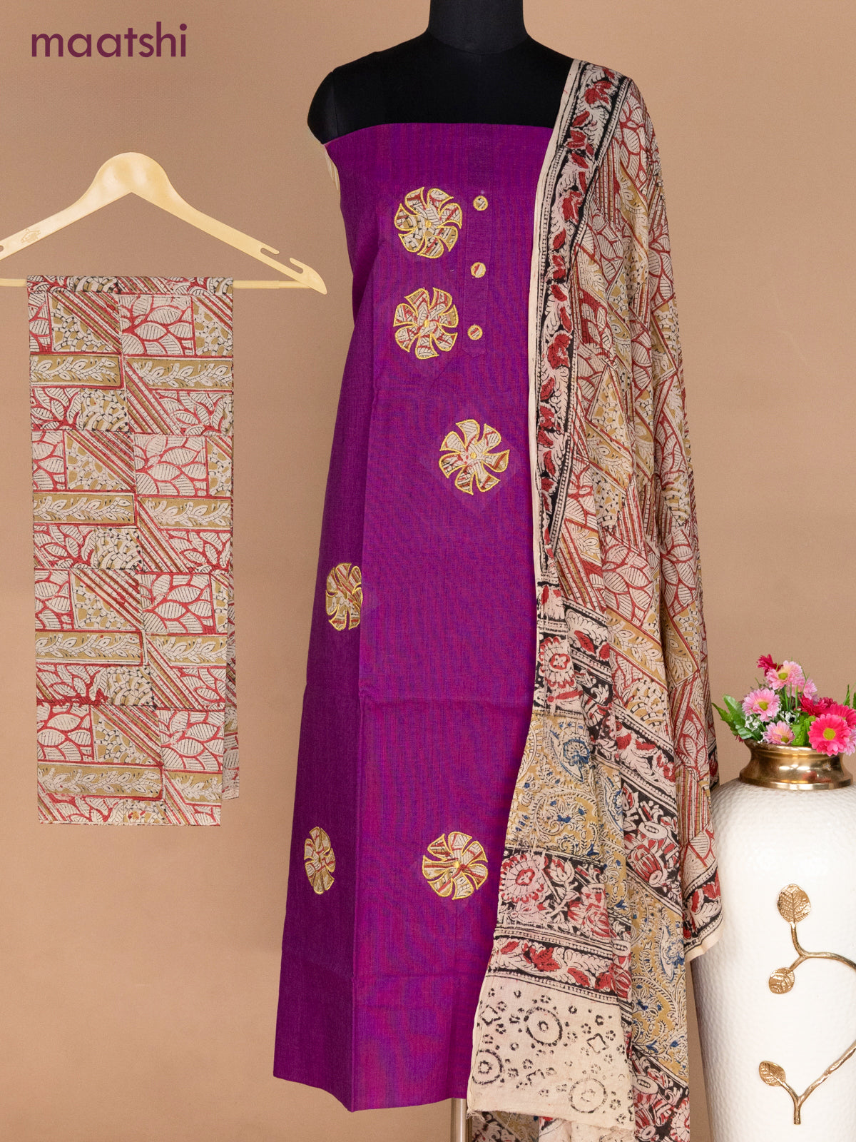 Cotton applique work dress materials purple and beige with kalamkari patch work and kalamkari bottom & dupatta