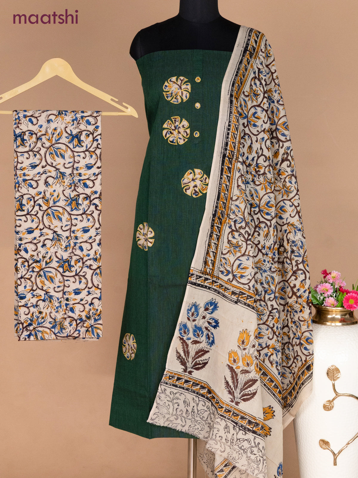 Cotton applique work dress materials green and beige with kalamkari patch work and kalamkari bottom & dupatta