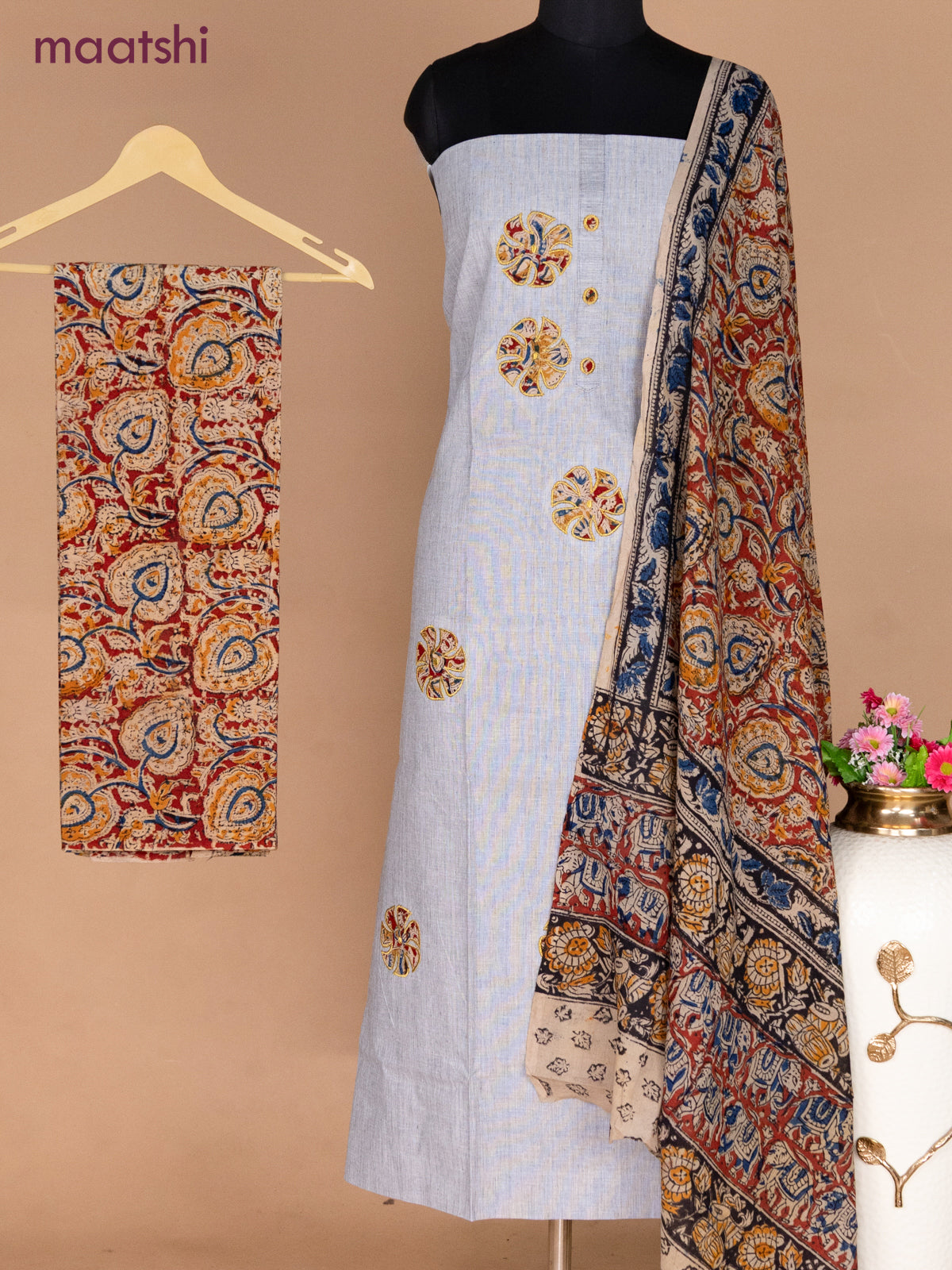 Cotton applique work dress materials grey shade and maroon with kalamkari patch work and kalamkari bottom & dupatta