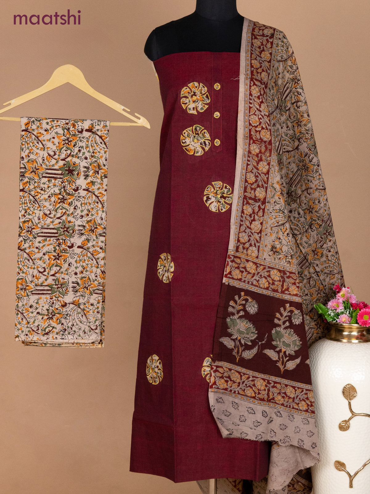 Cotton applique work dress materials maroon and beige with kalamkari patch work and kalamkari bottom & dupatta