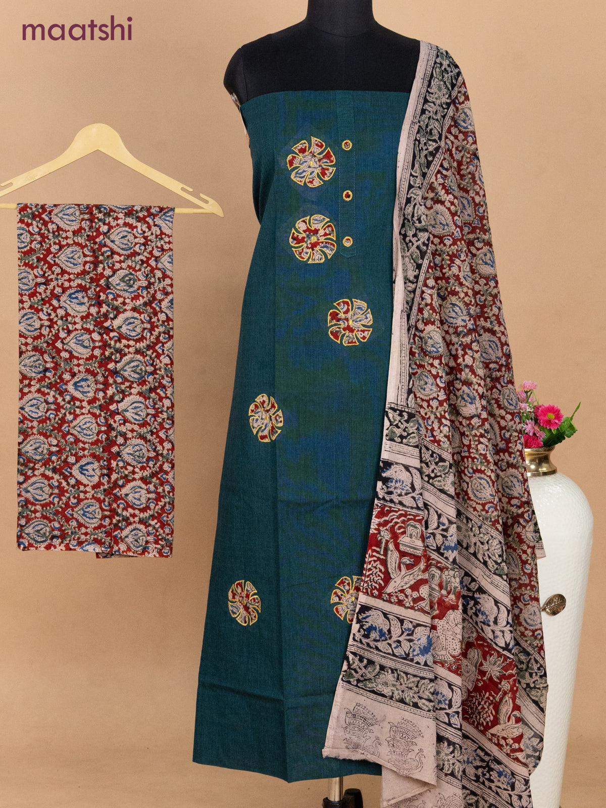 Cotton applique work dress materials peacock green and maroon with kalamkari patch work and kalamkari bottom & dupatta