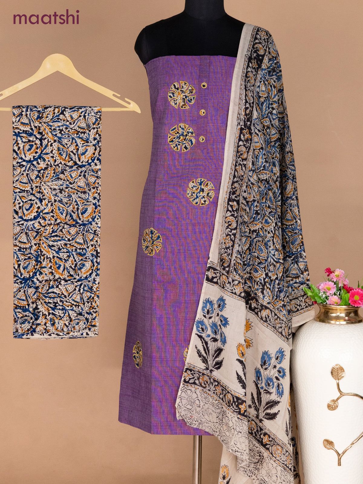 Cotton applique work dress materials purple shade and beige black with kalamkari patch work and kalamkari bottom & dupatta