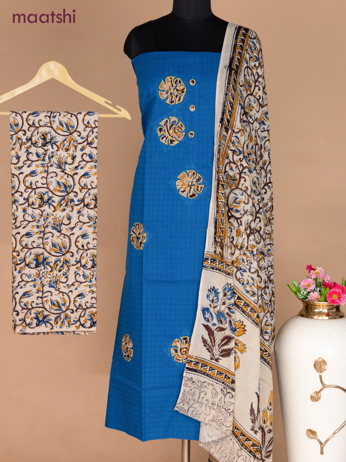 Cotton applique work dress materials cs blue and beige with kalamkari patch work and kalamkari bottom & dupatta