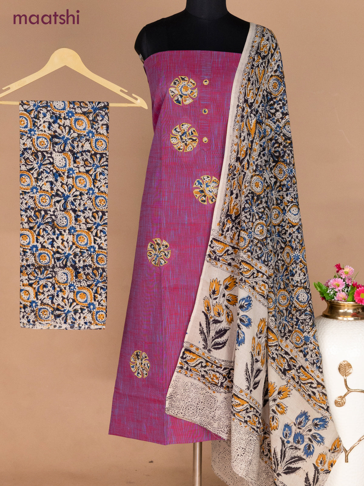 Cotton applique work dress materials dual shade of maroon and black beige with kalamkari patch work and kalamkari bottom & dupatta