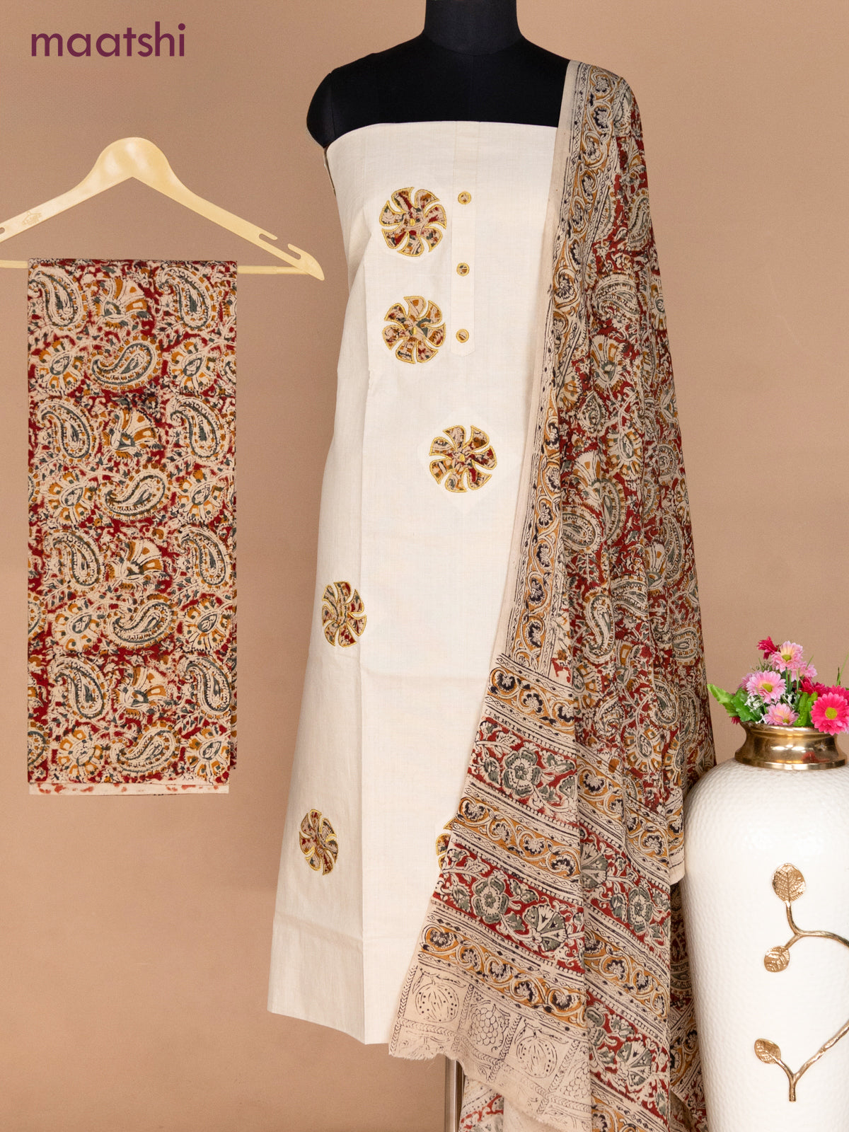 Cotton applique work dress materials cream and beige maroon with kalamkari patch work and kalamkari bottom & dupatta
