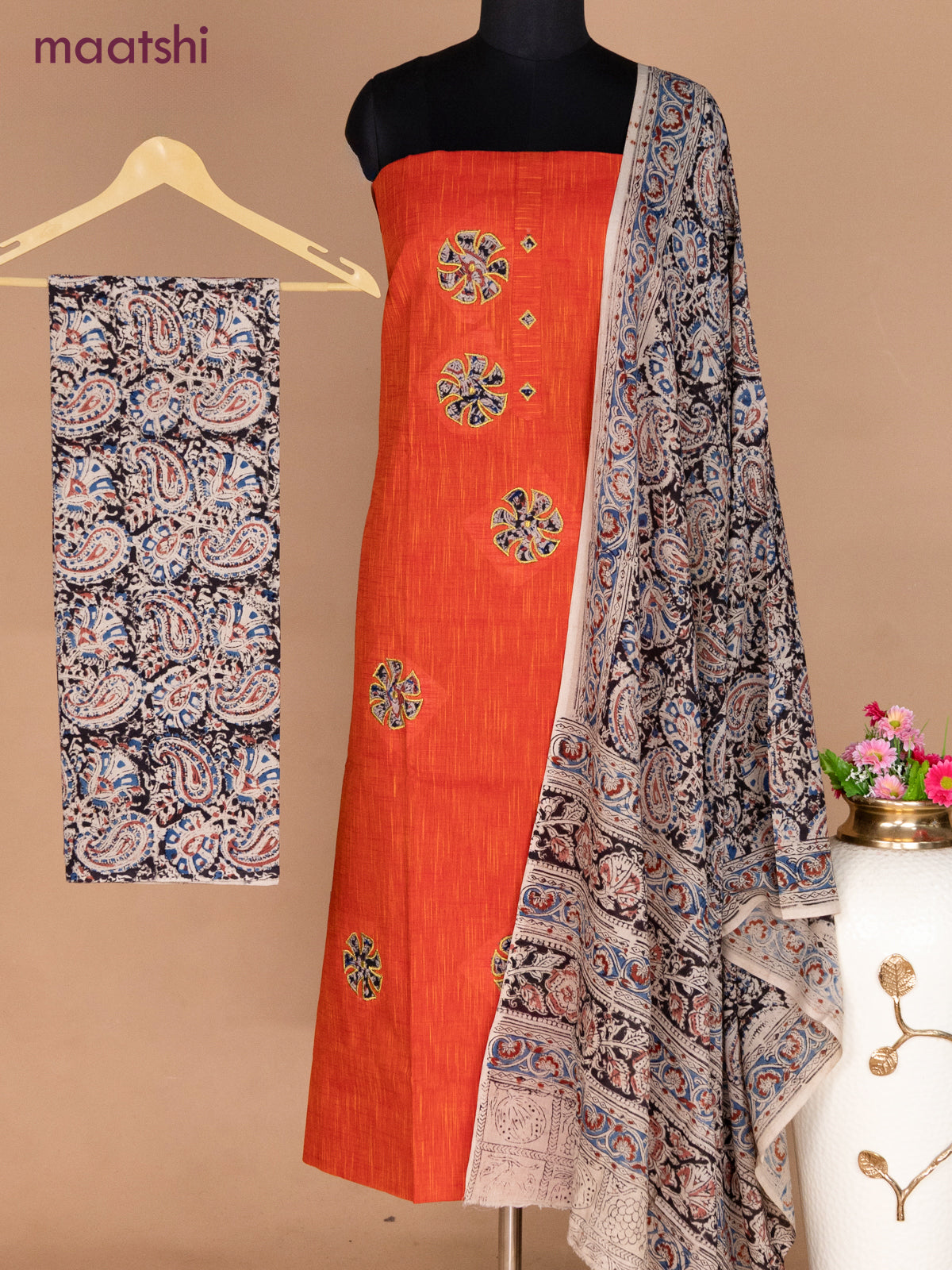 Cotton applique work dress materials dual shade of orange and beige black with kalamkari patch work and kalamkari bottom & dupatta