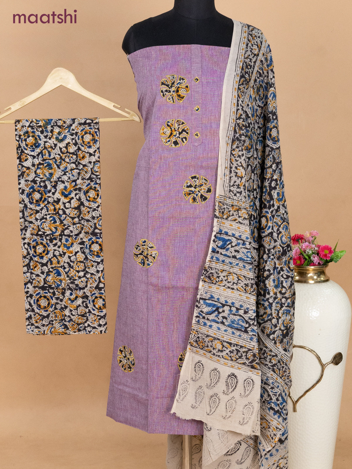 Cotton applique work dress materials pastel purple shade and black beige with kalamkari patch work and kalamkari bottom & dupatta