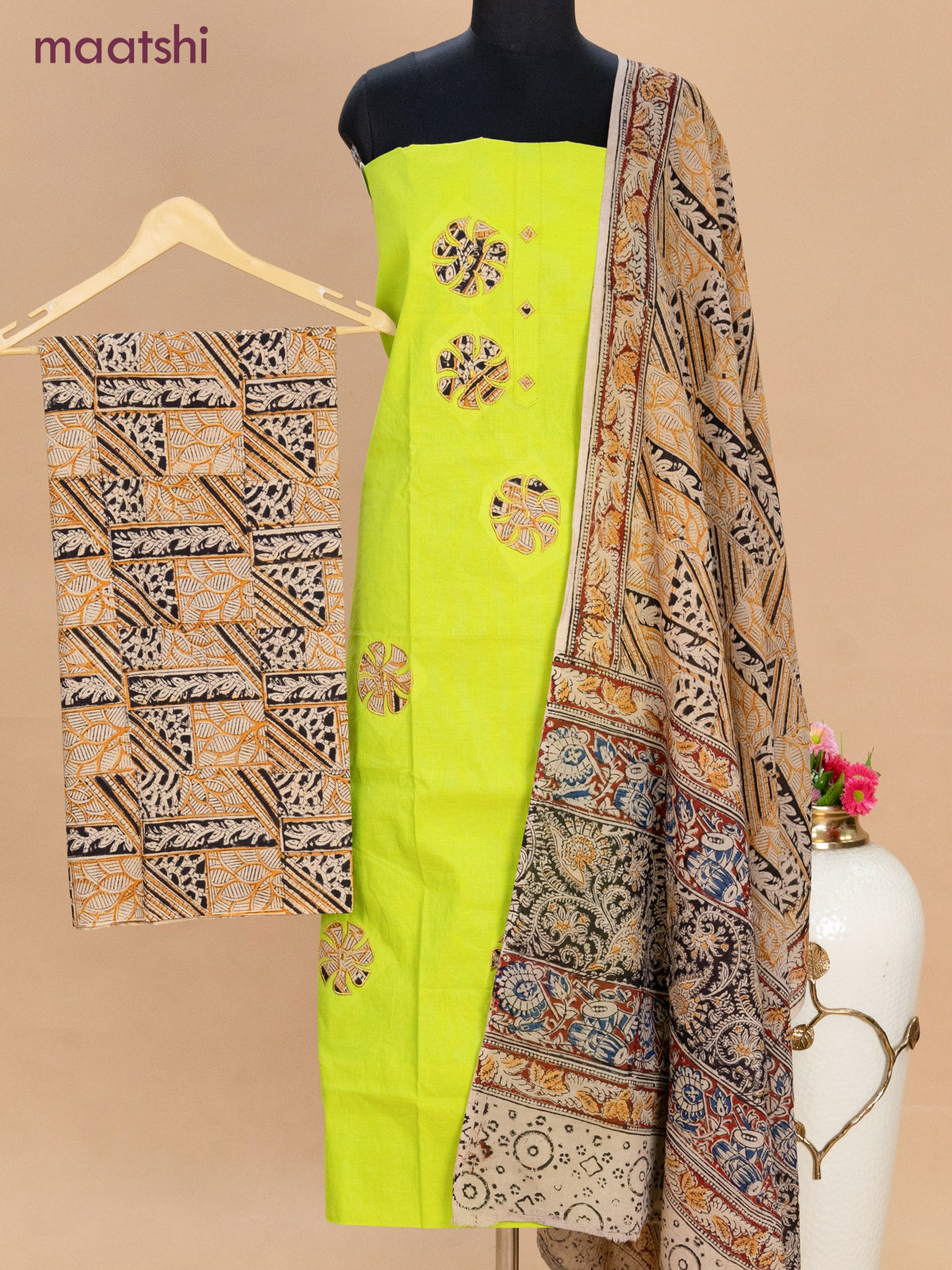 Cotton applique work dress materials fluorescent green and beige black with kalamkari patch work and kalamkari bottom & dupatta