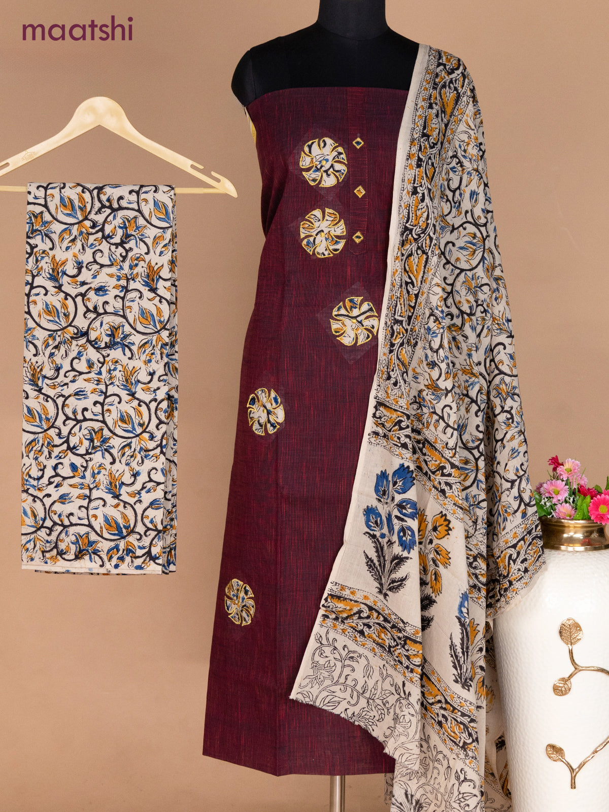 Cotton applique work dress materials maroon and beige with kalamkari patch work and kalamkari bottom & dupatta
