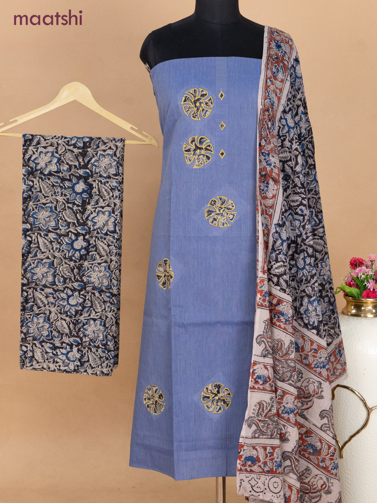 Cotton applique work dress materials blue shade and black with kalamkari patch work and kalamkari bottom & dupatta
