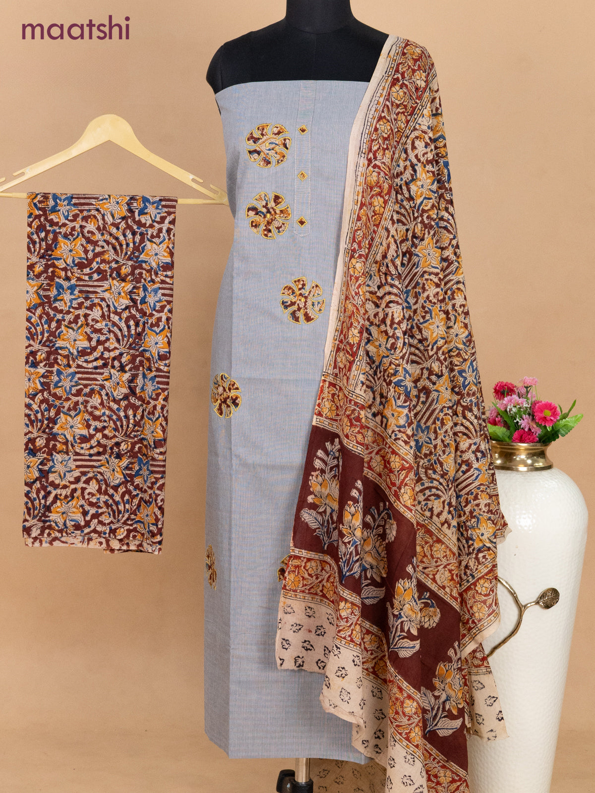 Cotton applique work dress materials grey and maroon with kalamkari patch work and kalamkari bottom & dupatta