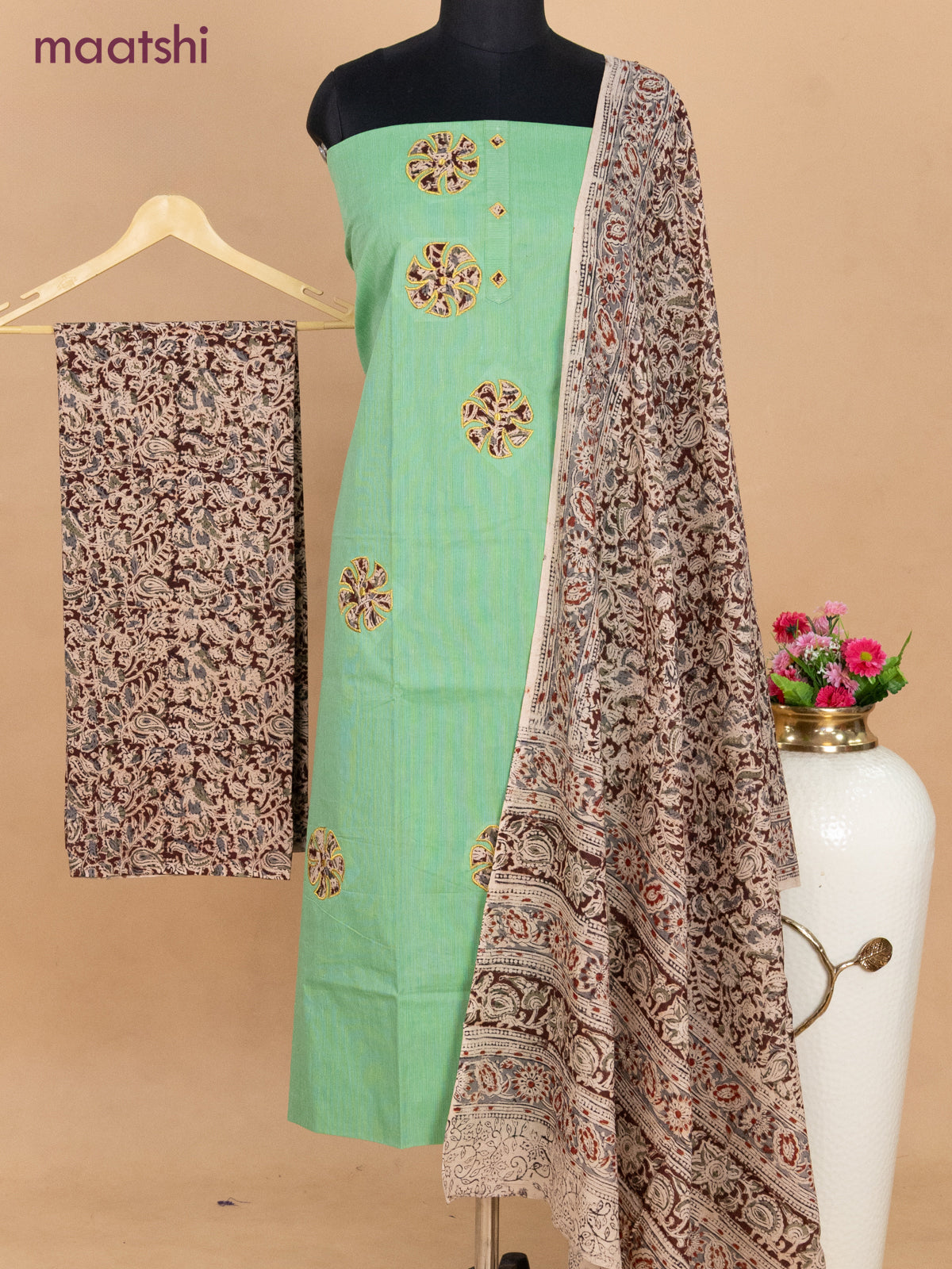 Cotton applique work dress materials green and beige maroon with kalamkari patch work and kalamkari bottom & dupatta