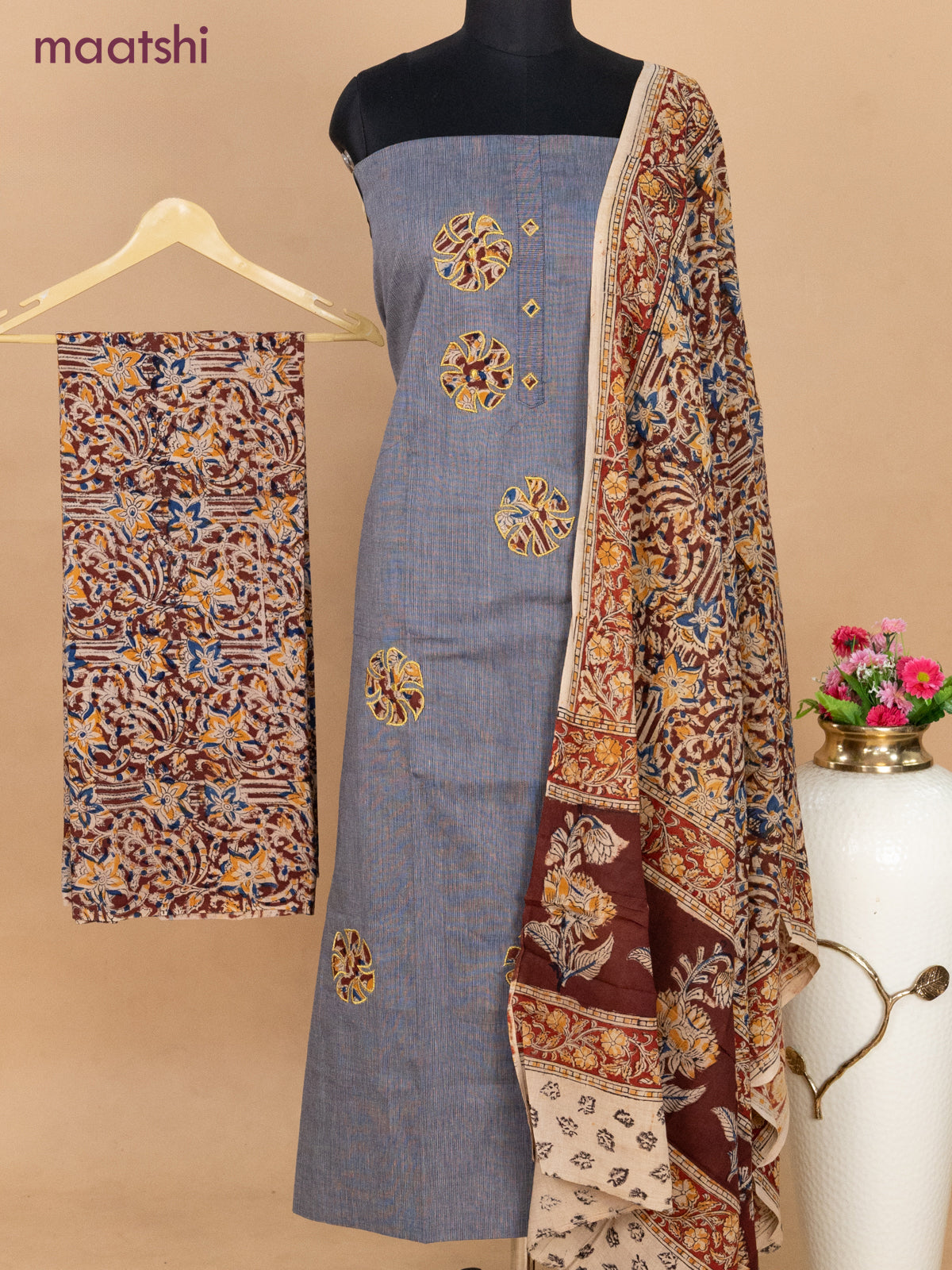 Cotton applique work dress materials deep purple and black with kalamkari patch work and kalamkari bottom & dupatta