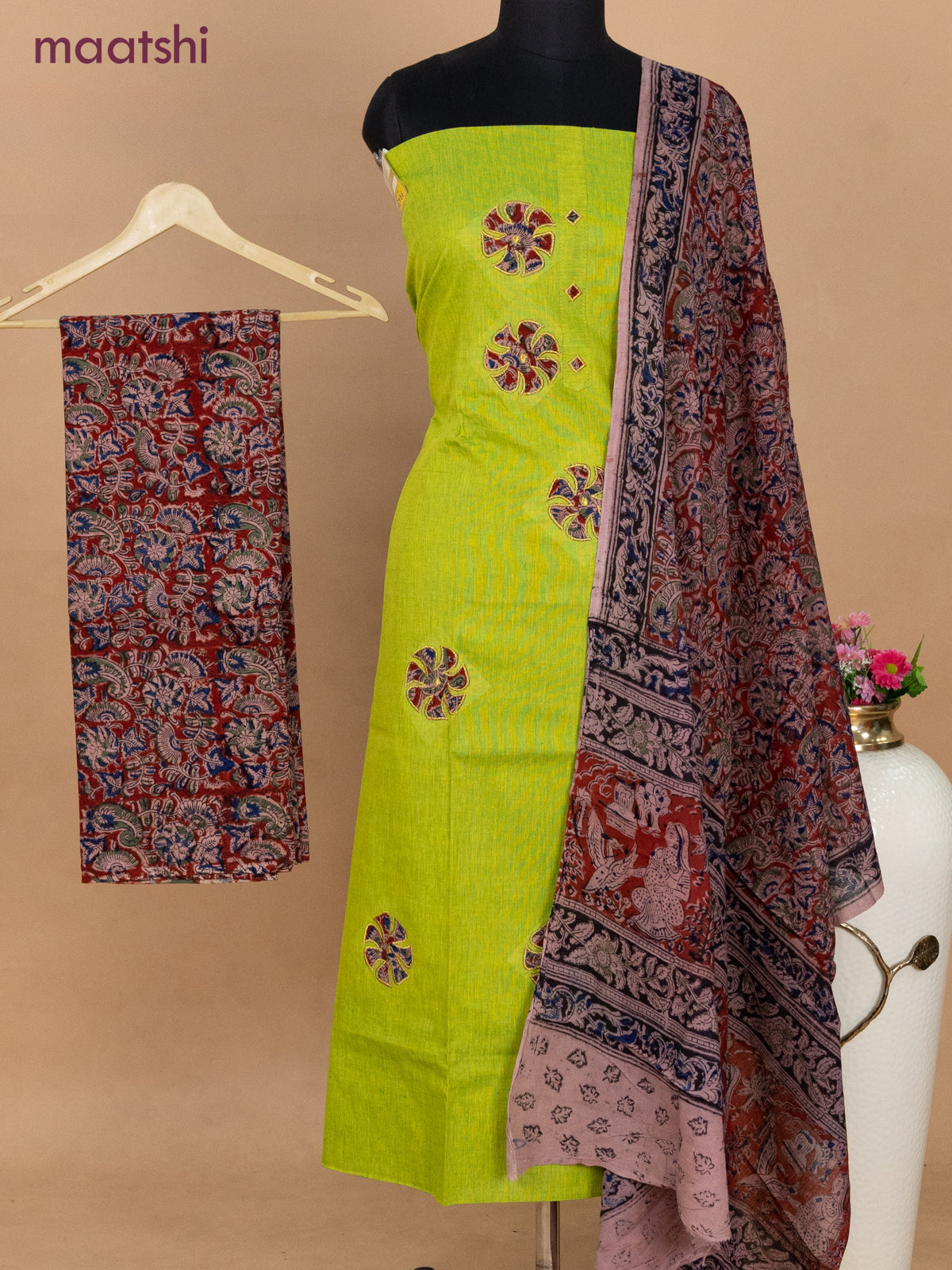 Cotton applique work dress materials light green and maroon with kalamkari patch work and kalamkari bottom & dupatta