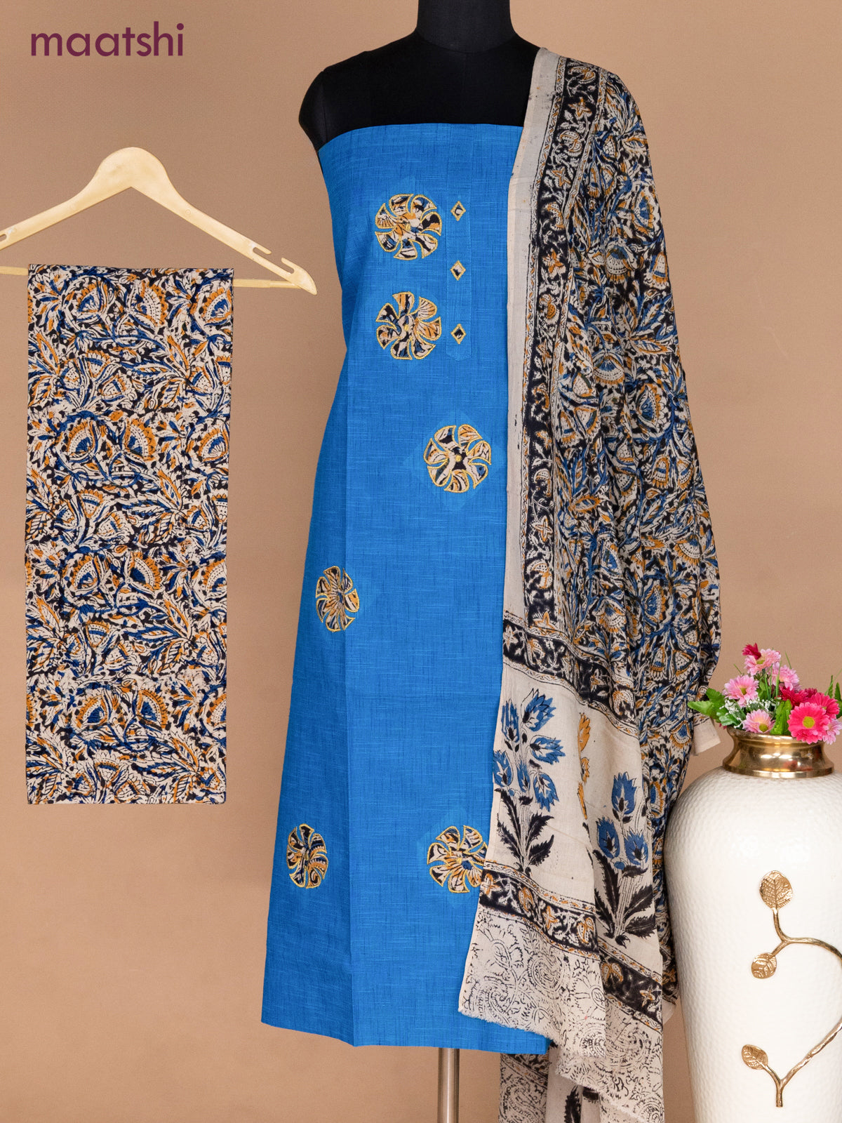 Cotton applique work dress materials cs blue and beige black with kalamkari patch work and kalamkari bottom & dupatta