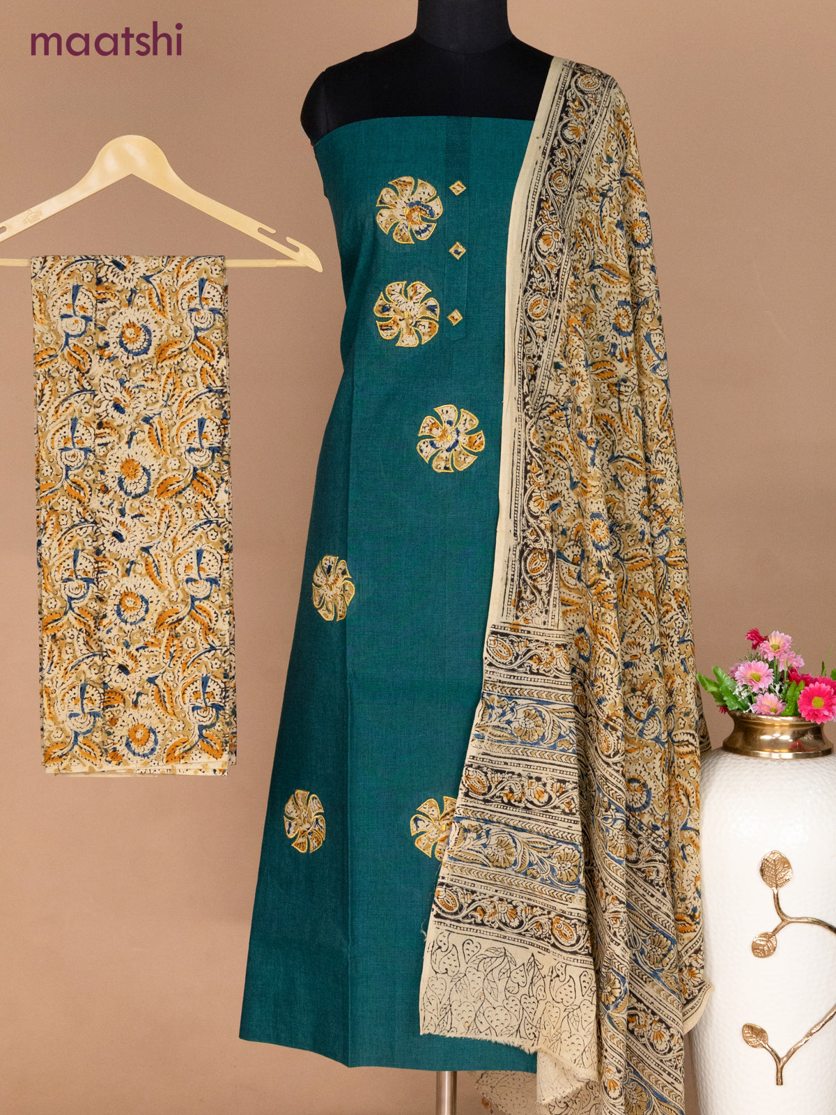 Cotton applique work dress materials peacock green and sandal beige with kalamkari patch work and kalamkari bottom & dupatta