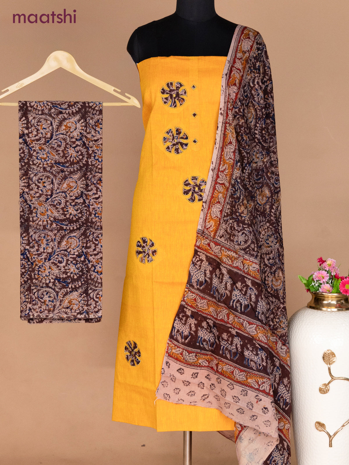 Cotton applique work dress materials mango yellow and coffee brown with kalamkari patch work and kalamkari bottom & dupatta