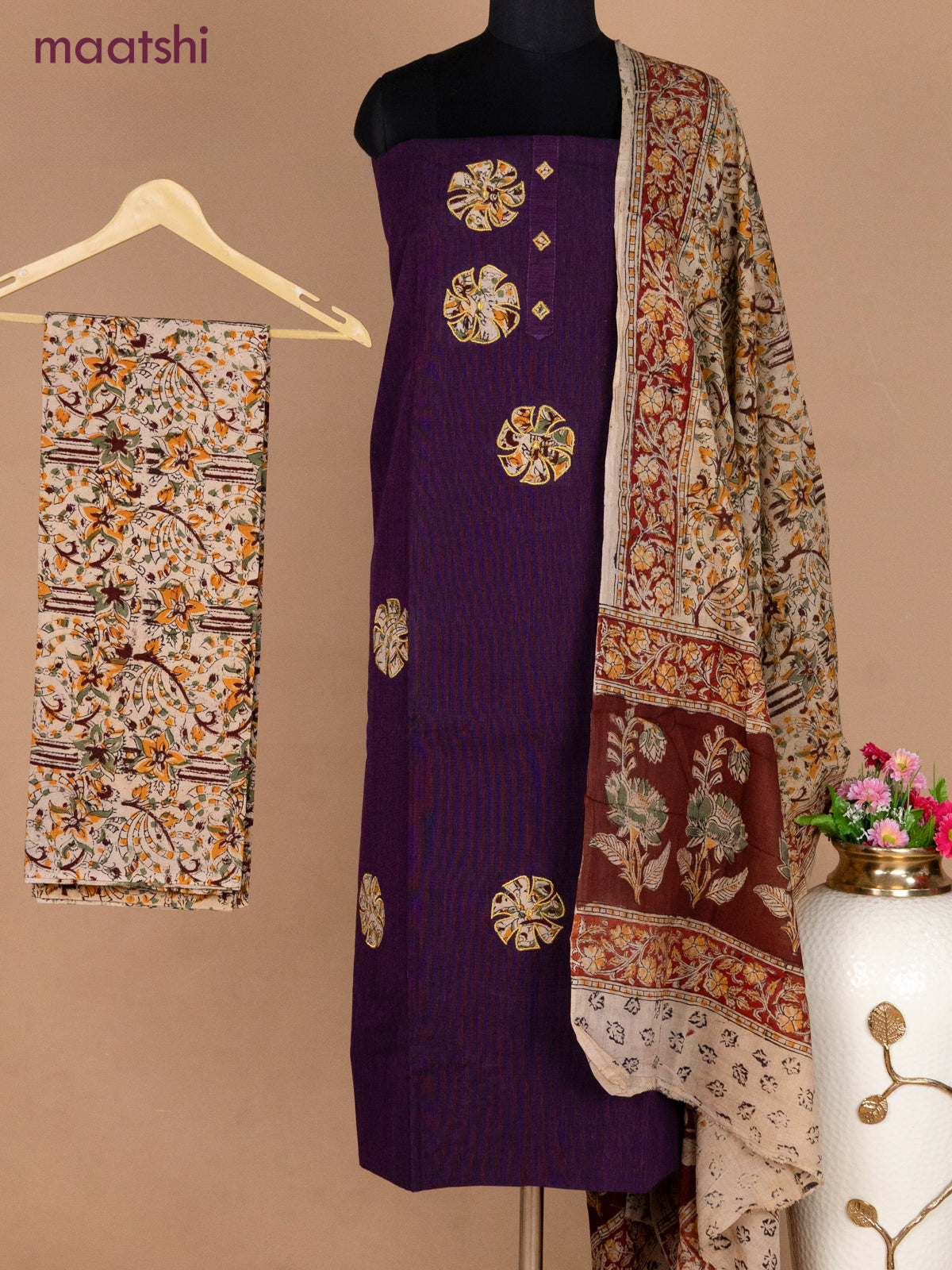 Cotton applique work dress materials deep violet and beige with kalamkari patch work and kalamkari bottom & dupatta