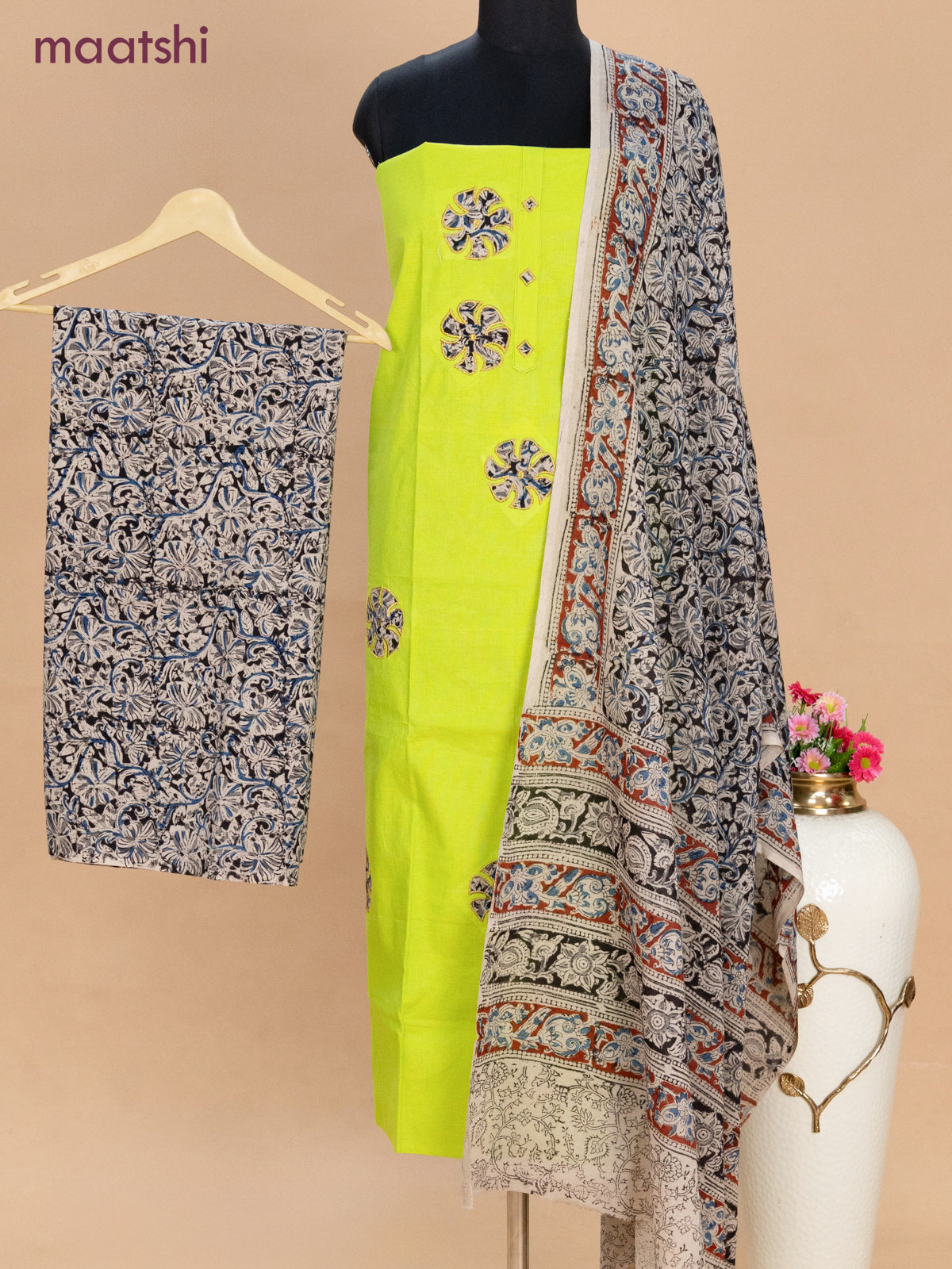 Cotton applique work dress materials fluorescent green and black beige with kalamkari patch work and kalamkari bottom & dupatta