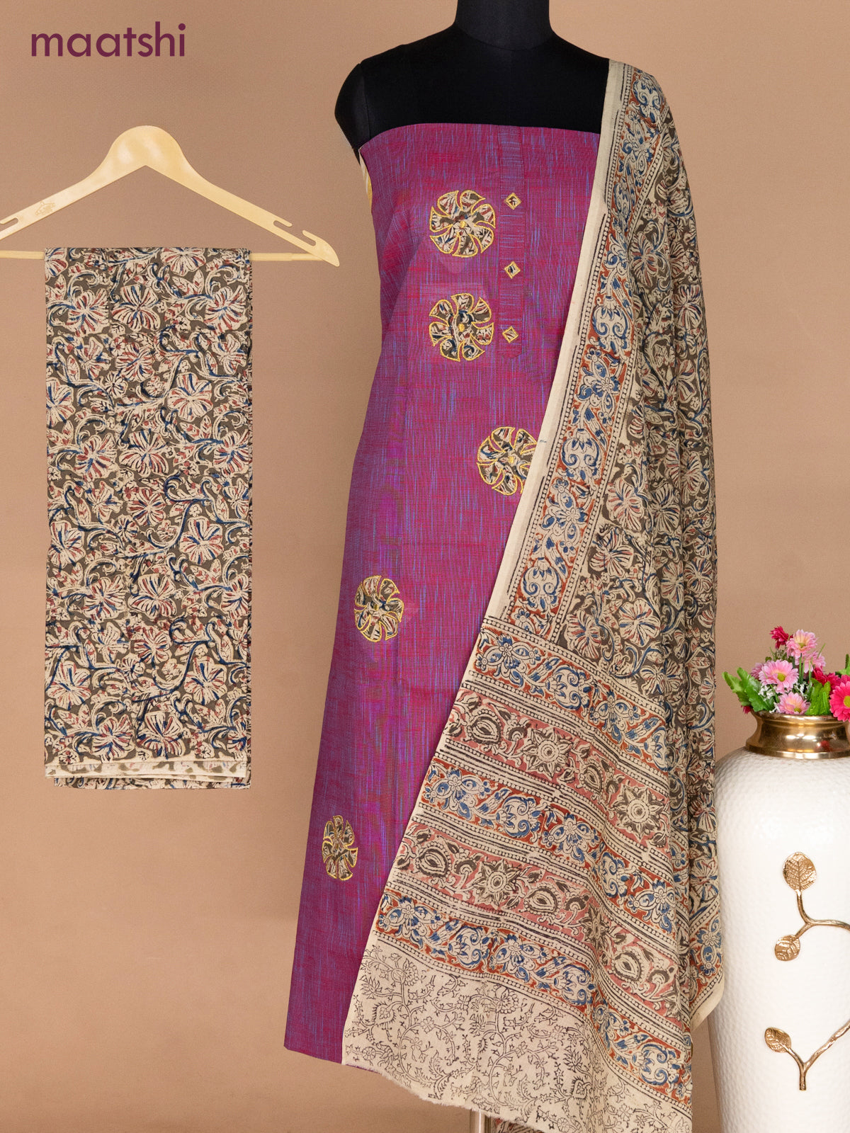 Cotton applique work dress materials dual shade of maroon and mehendi green with kalamkari patch work and kalamkari bottom & dupatta