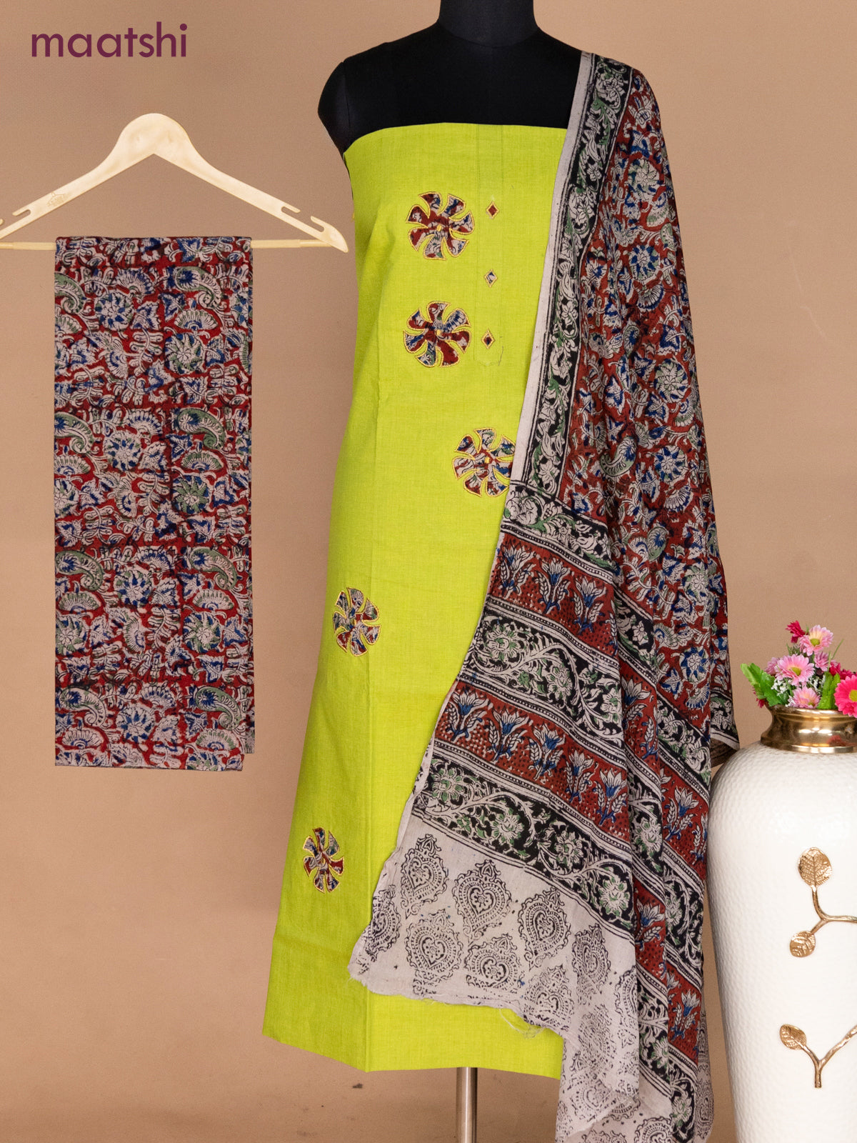 Cotton applique work dress materials light green and maroon with kalamkari patch work and kalamkari bottom & dupatta