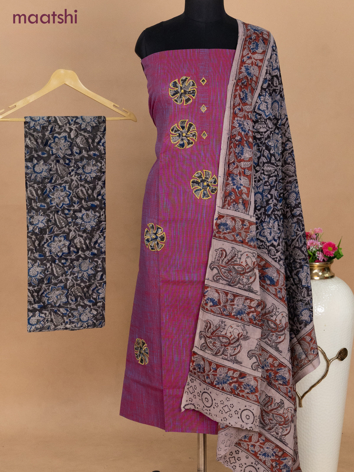 Cotton applique work dress materials dual shade of maroon and elephant grey with kalamkari patch work and kalamkari bottom & dupatta