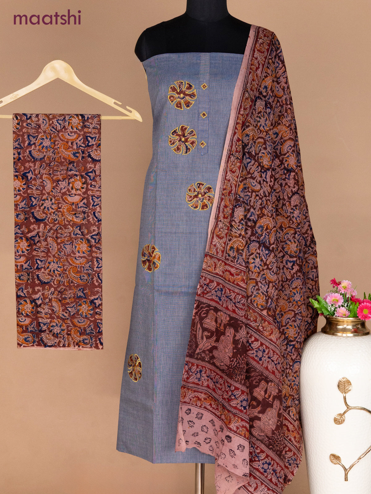 Cotton applique work dress materials blue shade and maroon with kalamkari patch work and kalamkari bottom & dupatta