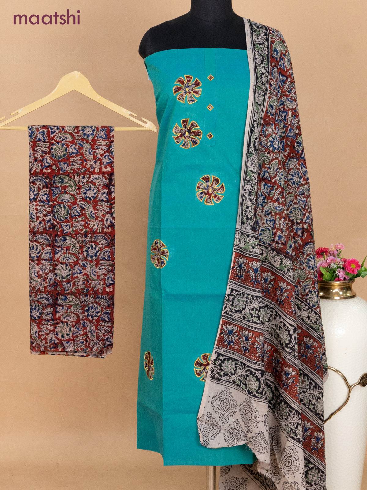 Cotton applique work dress materials teal bluish green and maroon with kalamkari patch work and kalamkari bottom & dupatta