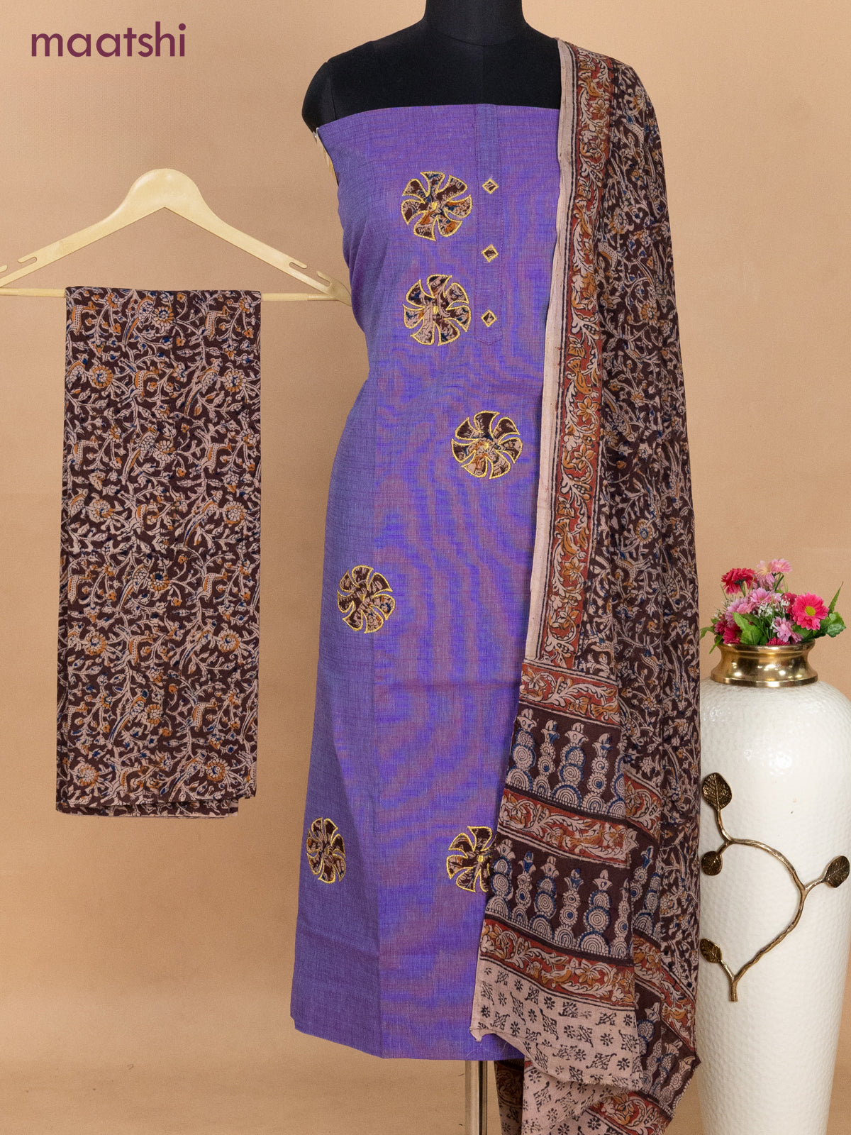 Cotton applique work dress materials violet shade and brown with kalamkari patch work and kalamkari bottom & dupatta