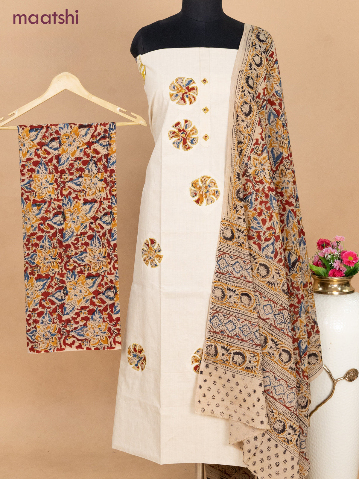 Cotton applique work dress materials cream and maroon with kalamkari patch work and kalamkari bottom & dupatta